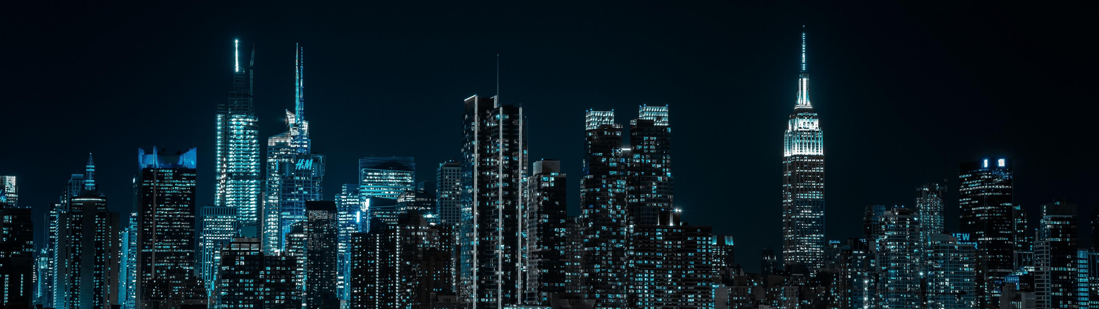3840x1080 New York City Wallpaper 4K, Cityscape, Night, City lights, Half moon, 5K, World