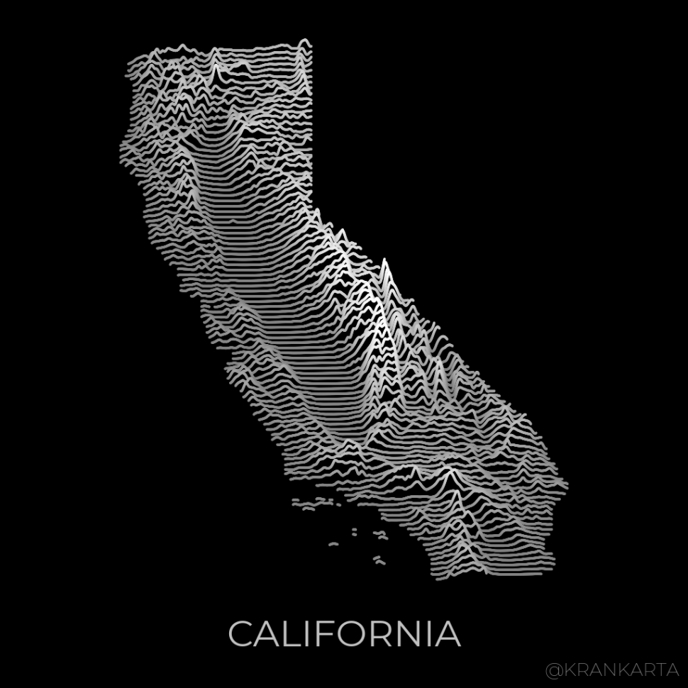 970x970 Topography of U.S. states in ridgeline (Joy Division 'Unknown Pleasures') style