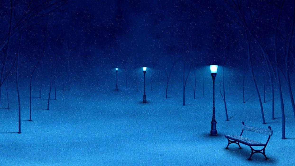 1244x700 Winter snow nature landscape bench mood lamp post wallpaperx1080