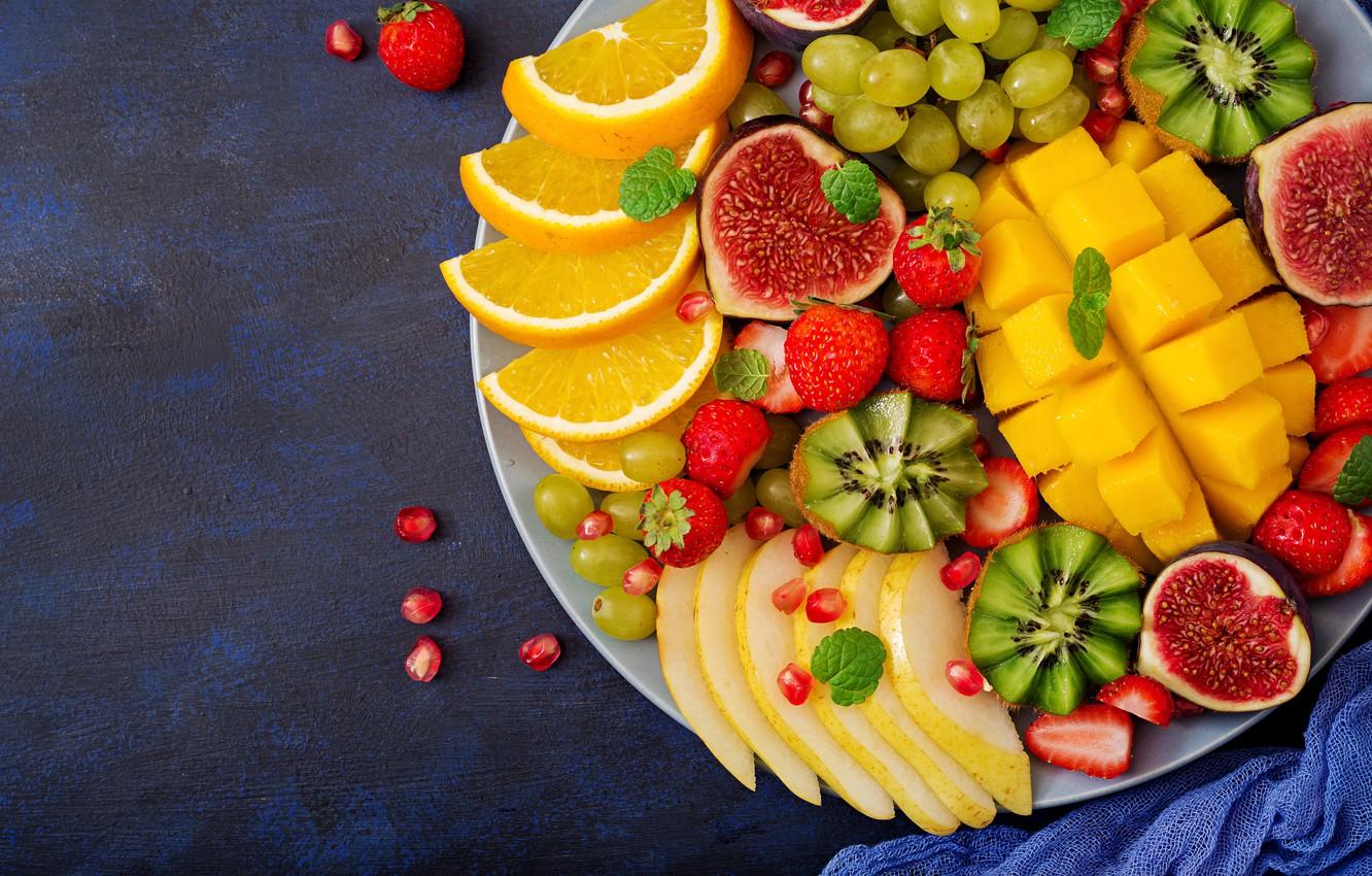 1332x850 Wallpaper berries, orange, colorful, kiwi, strawberry, grapes, summer, fruit, mango, fresh, wood, sweet, strawberry, fruits, berries, tropical image for desktop, section еда