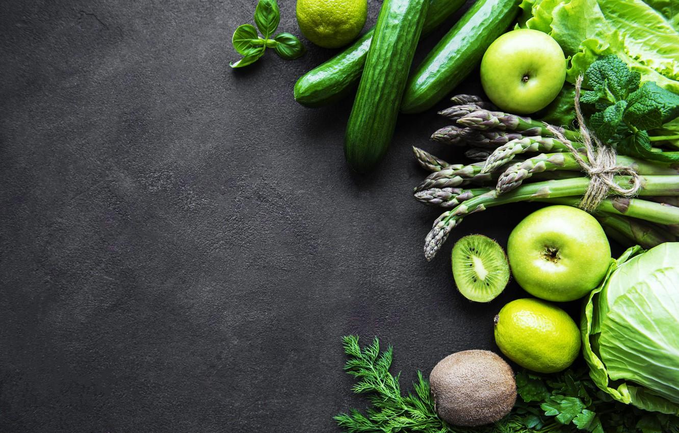 1332x850 Wallpaper the dark background, apples, kiwi, green, fruit, vegetables, cucumbers, asparagus image for desktop, section еда