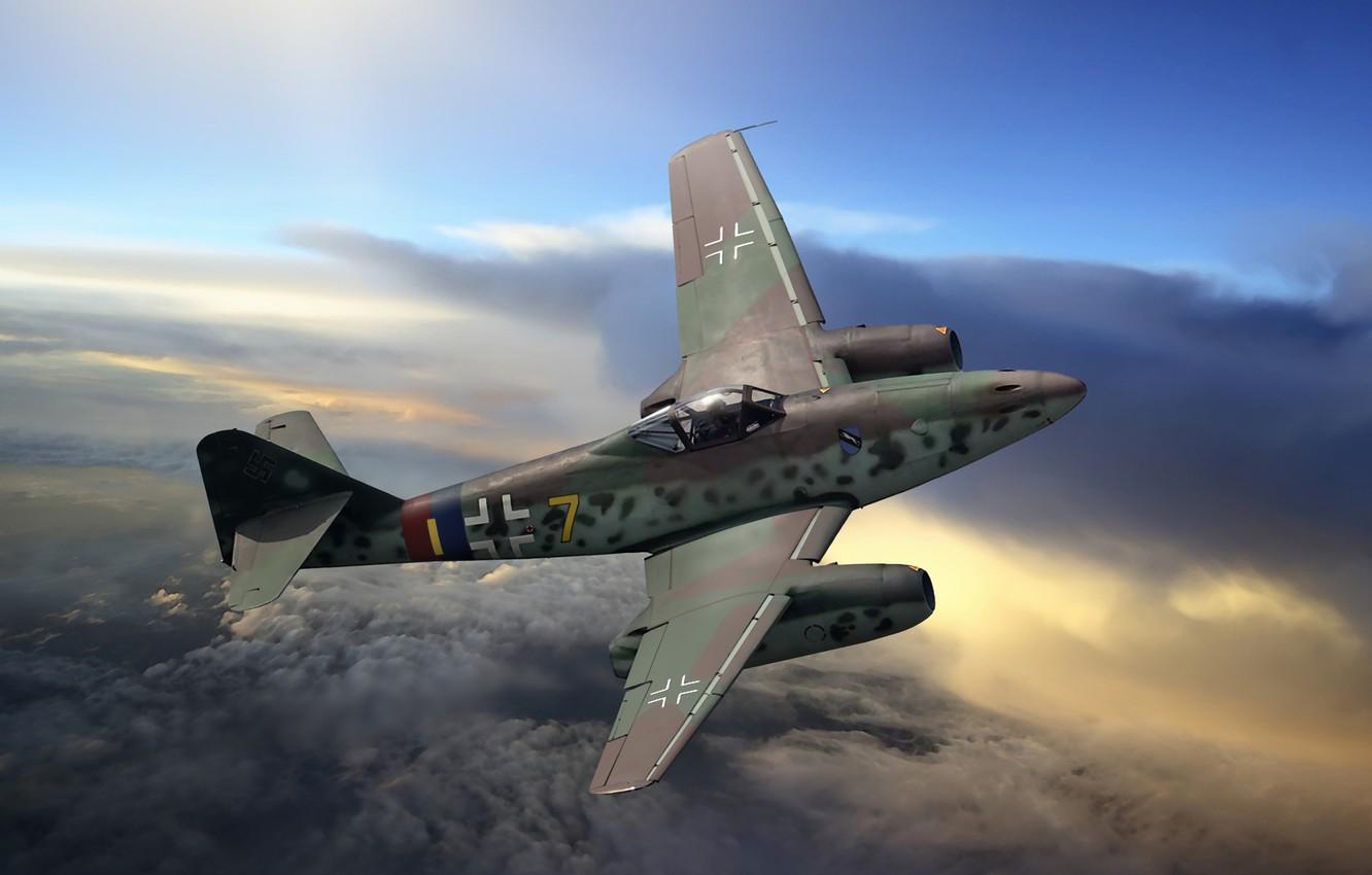 1332x850 Wallpaper the sky, war, figure, fighter, art, jet, German, WW Messerschmitt Me.262 image for desktop, section авиация