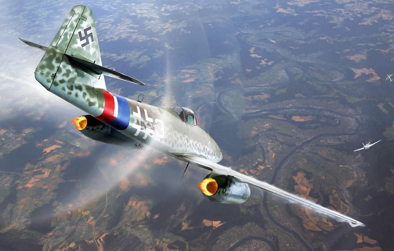 1332x850 Wallpaper figure, mustang, art, Messerschmitt, dogfight, Me. p- Swallow, German turbojet fighter image for desktop, section авиация