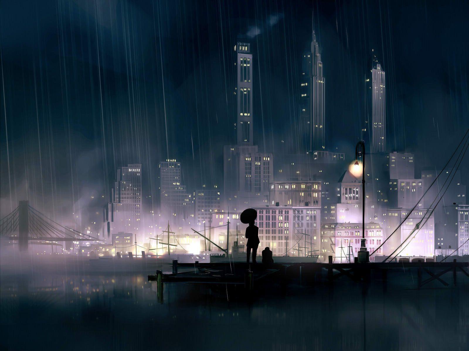 1600x1200 Rainy City Wallpaper Anime