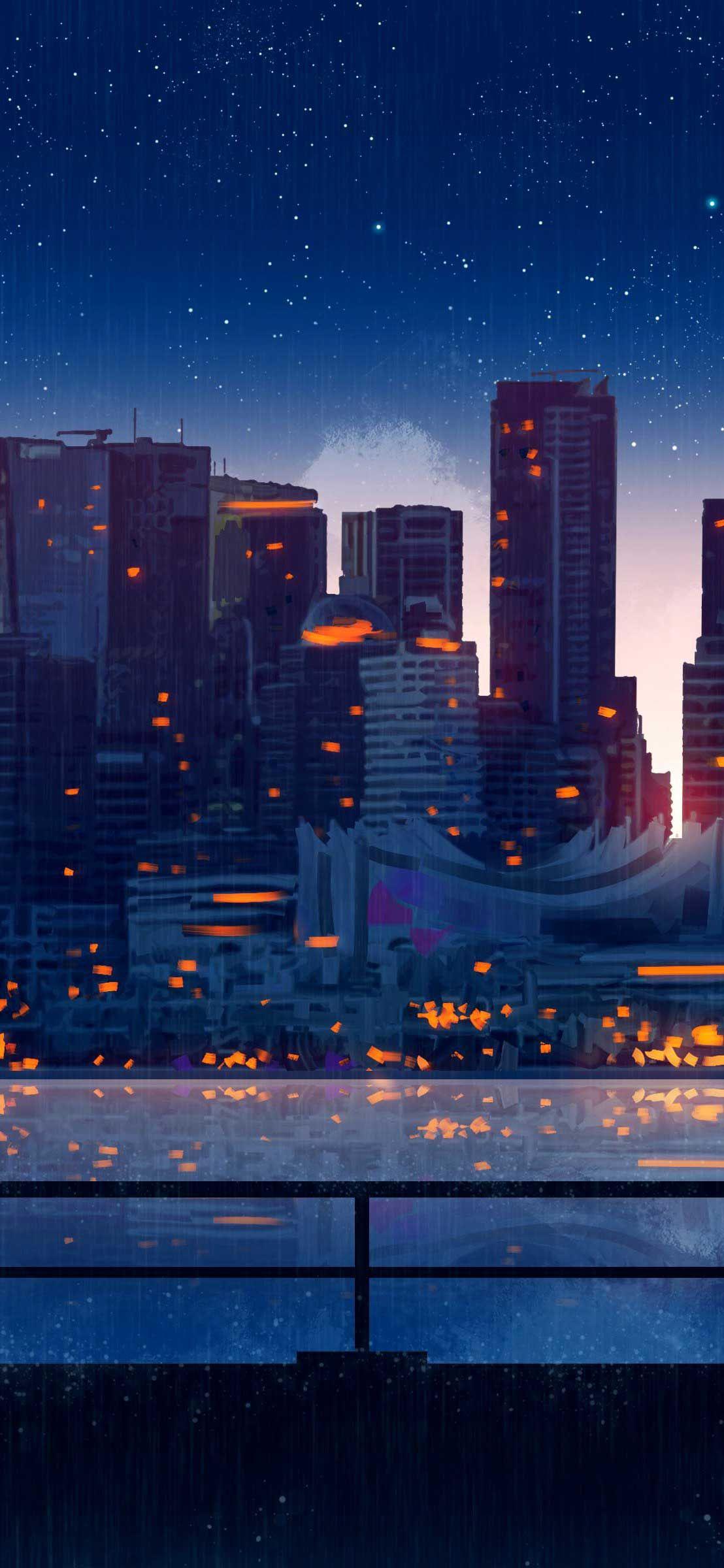 1108x2400 anime city lights night rain umbrella sky k ou iPhone Pro Ma Wallpaper. City lights wallpaper, Anime city, City lights