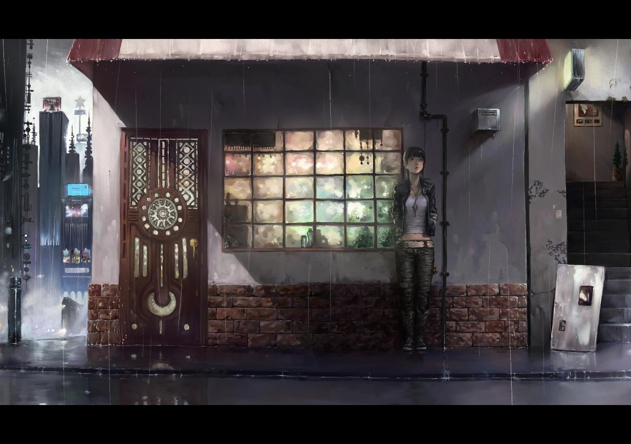 1280x900 cityscapes rain architecture alone urban buildings illustrations city lights anime girls 1280x900