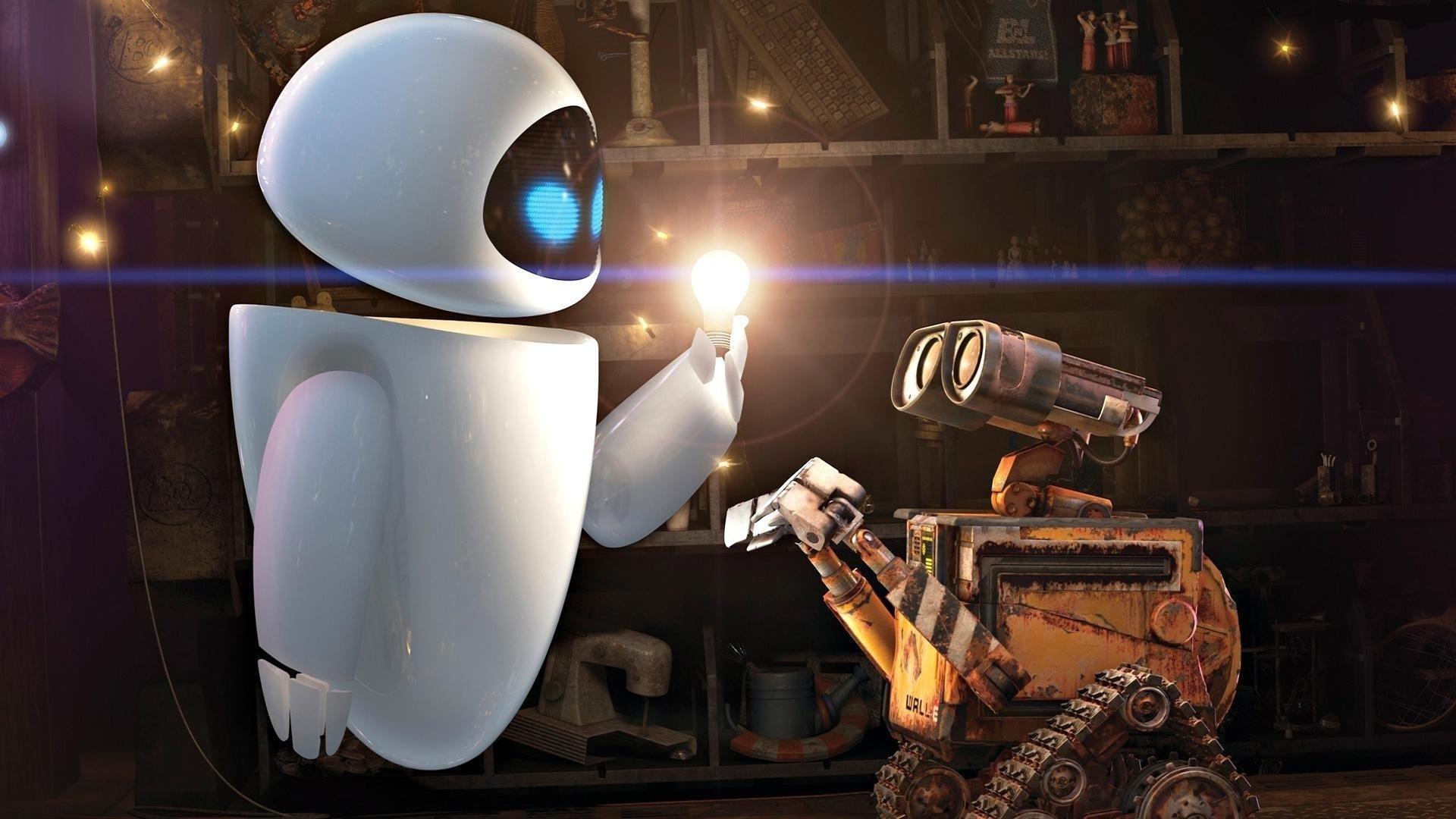 1920x1080 Full HD Wallpaper Wall E Couple Eve Shine Lightbulb Robot, Desktop Background HD 1080p
