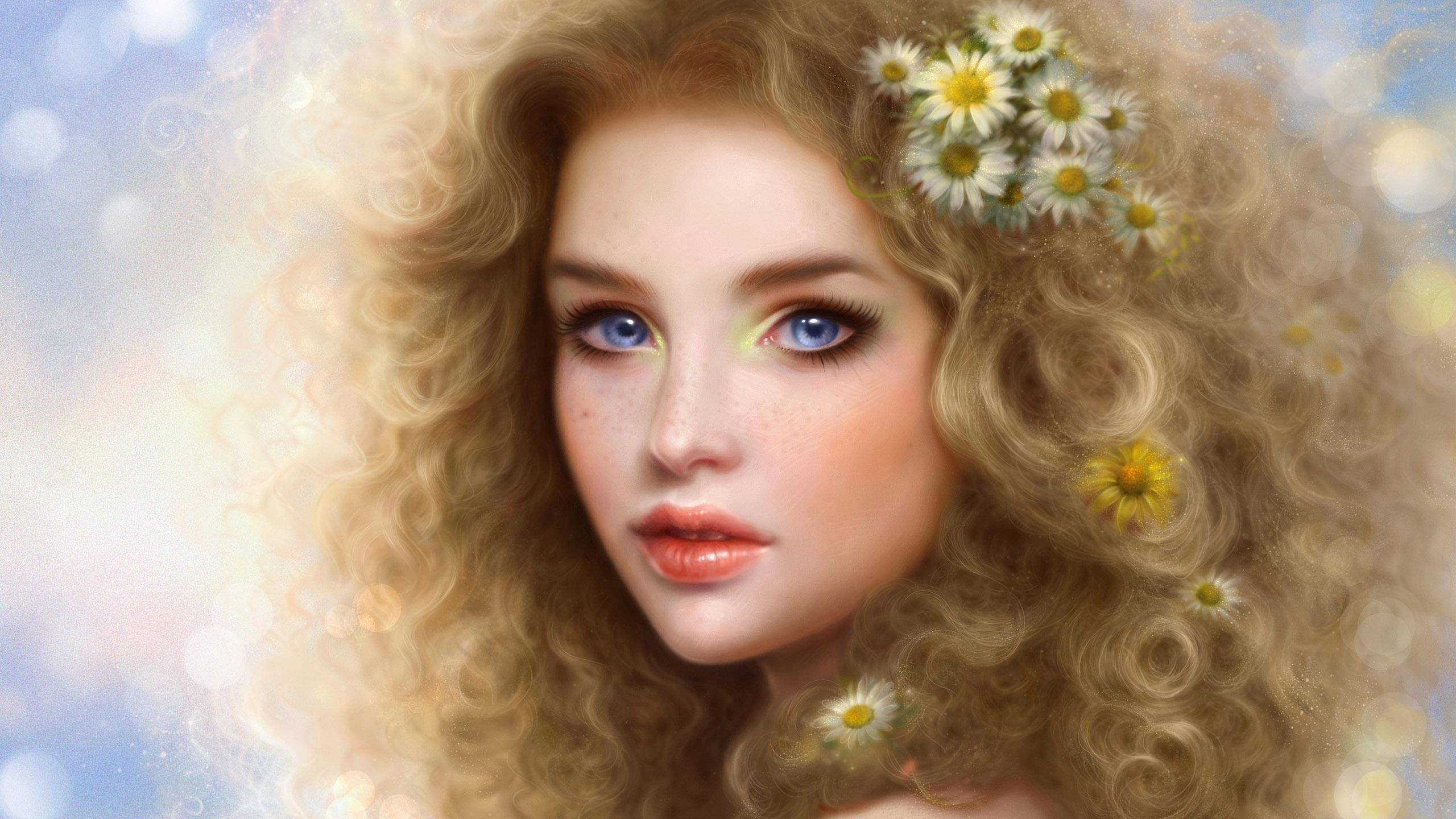 2560x1440 fantasy, Girl, Blue, Eyes, Beautiful, Face, Blonde, Girl, Daisy, Hair, Flower Wallpaper HD / Desktop and Mobile Background