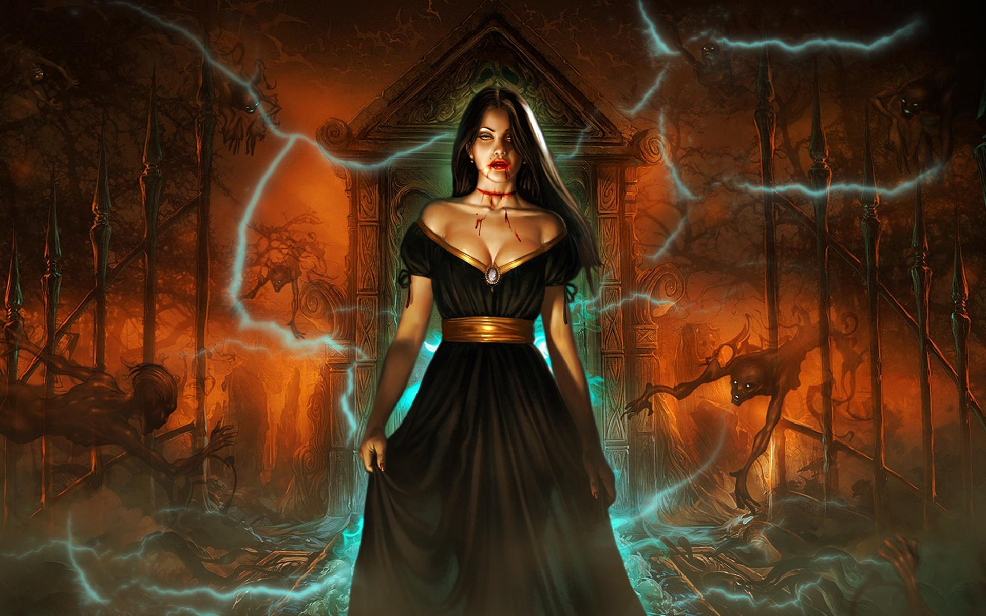 1920x1200 dark, Horror, Women, Fantasy, Gothic, Vampire, Evil, , Babes, Brunette, Halloween, Blood, Macabre Wallpaper HD / Desktop and Mobile Background