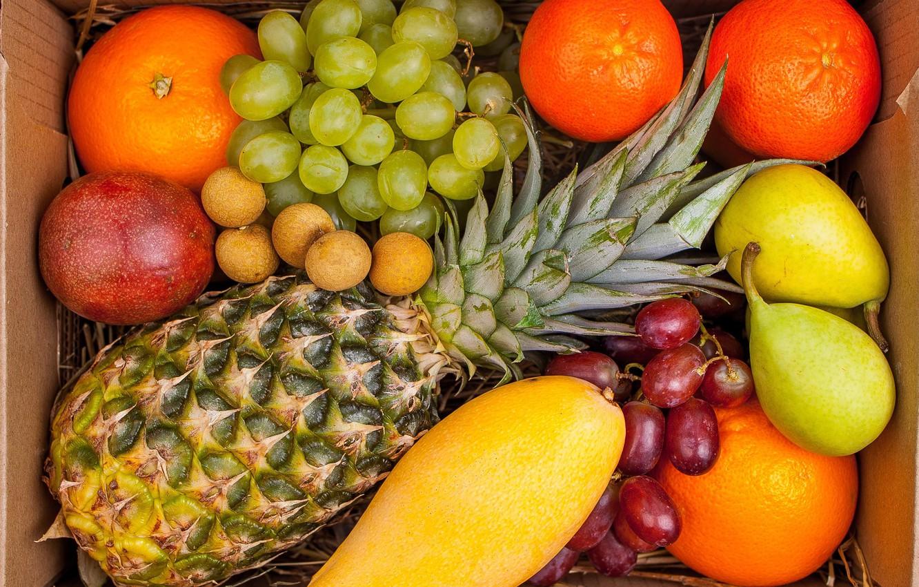 1332x850 Wallpaper orange, grapes, pear, fruit, mango, pineapple image for desktop, section еда