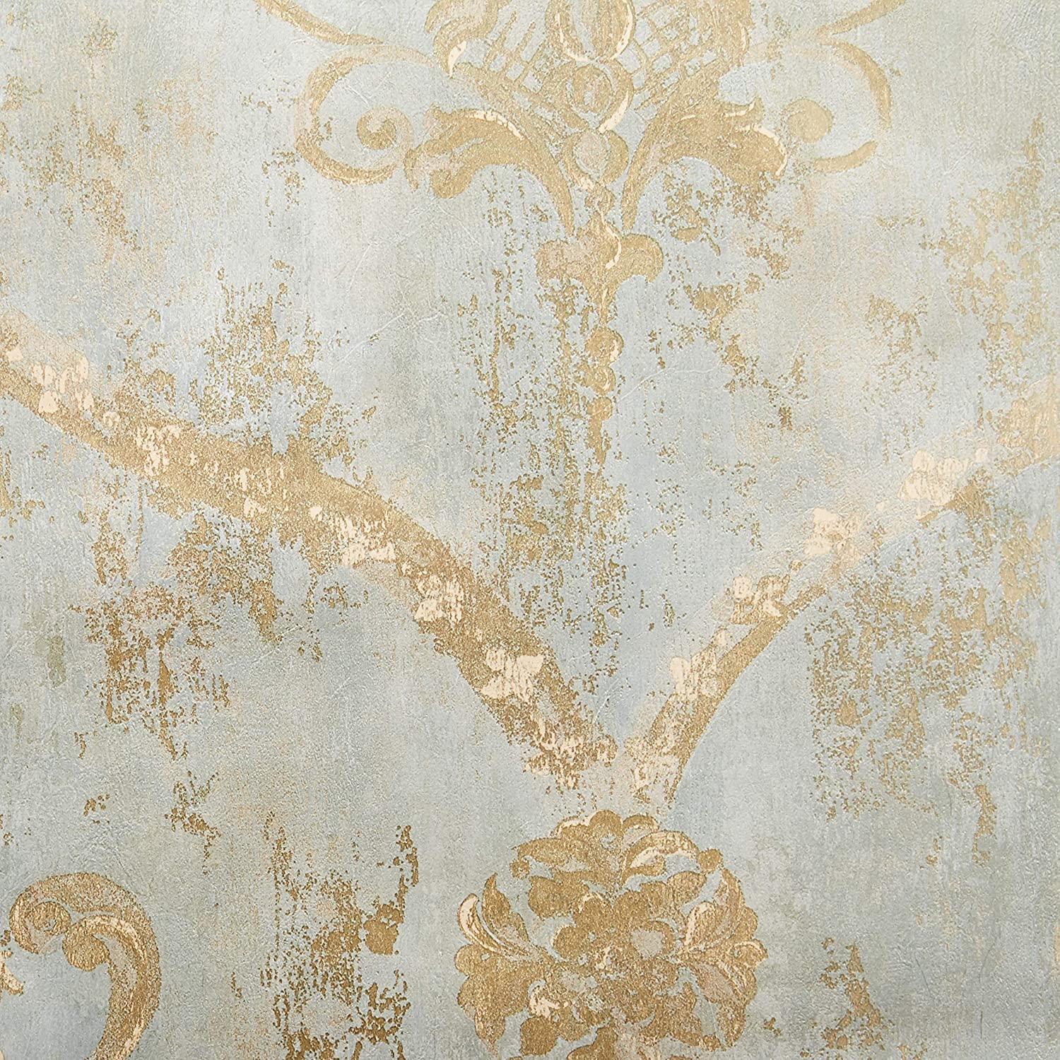 1500x1500 Wallpaper Gold Regal Damask on Aqua Textured Background