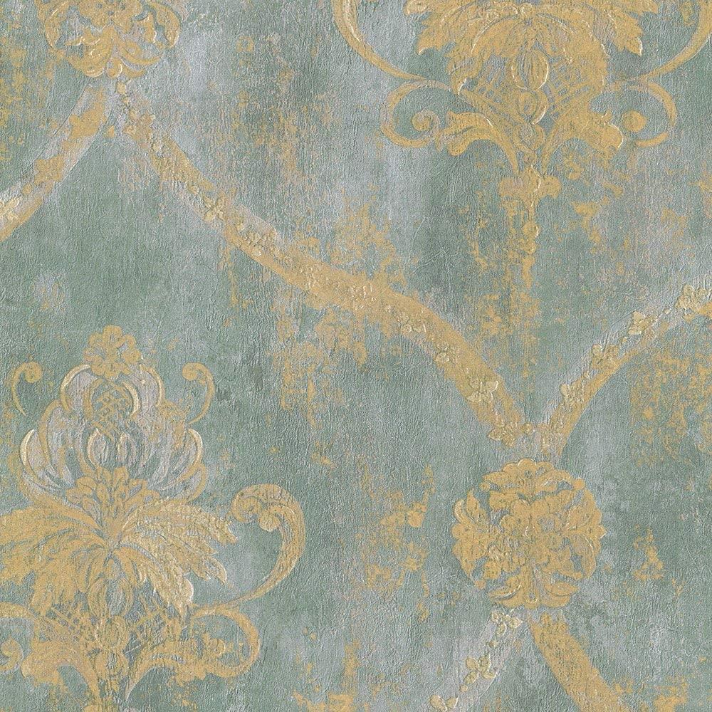 1000x1000 Wallpaper French Faux Aqua Blue Large Damask with Gold