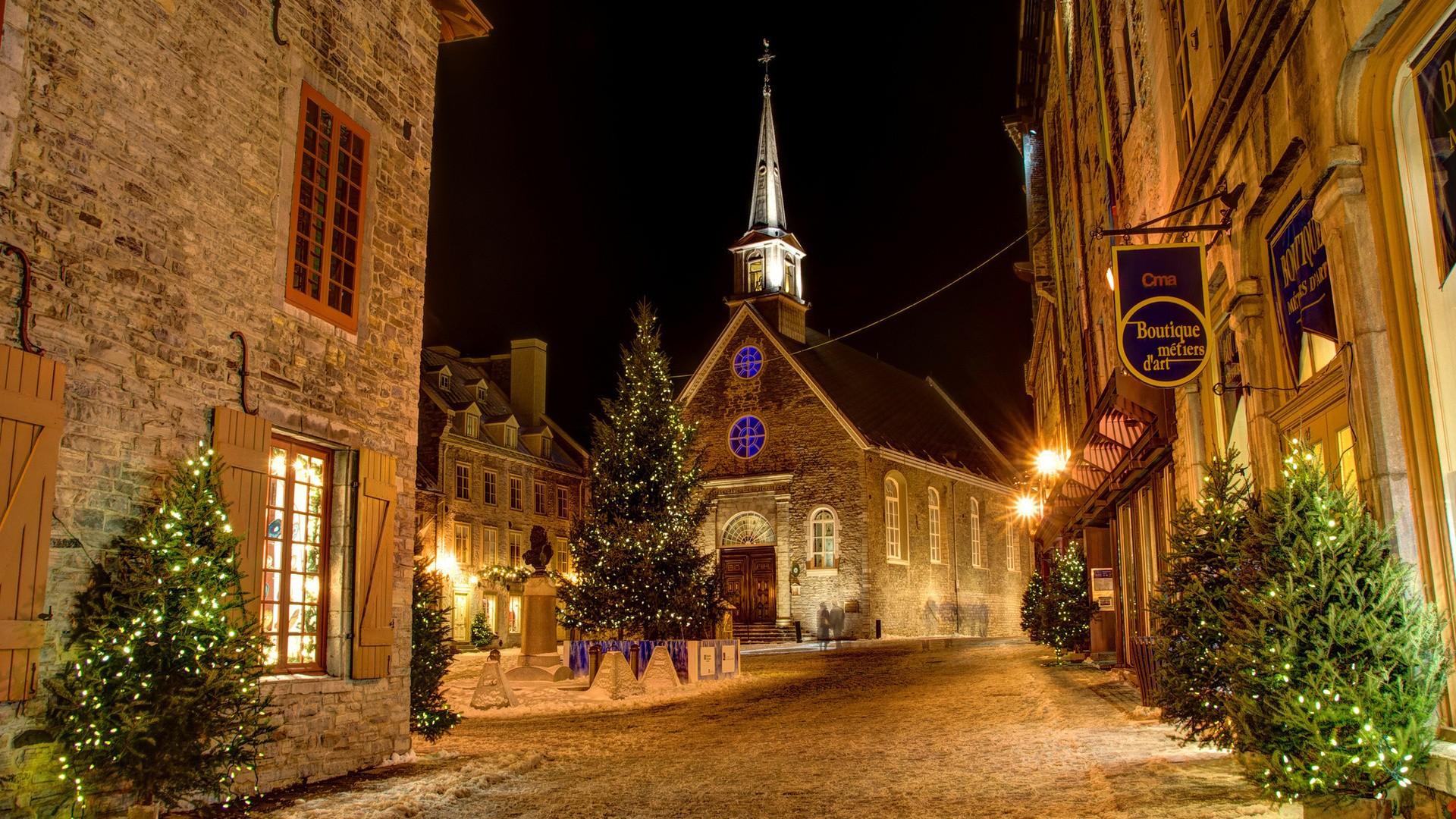 1920x1080 #house, #city, #lights, #snow, #Christianity, #Quebec, #night, #history, #trees, #street, #Christmas, #window, #Canada, #long exposure, #building, #architecture, #old building, #church, #tower, #town, #winter, # Christmas Tree, #christmas lights