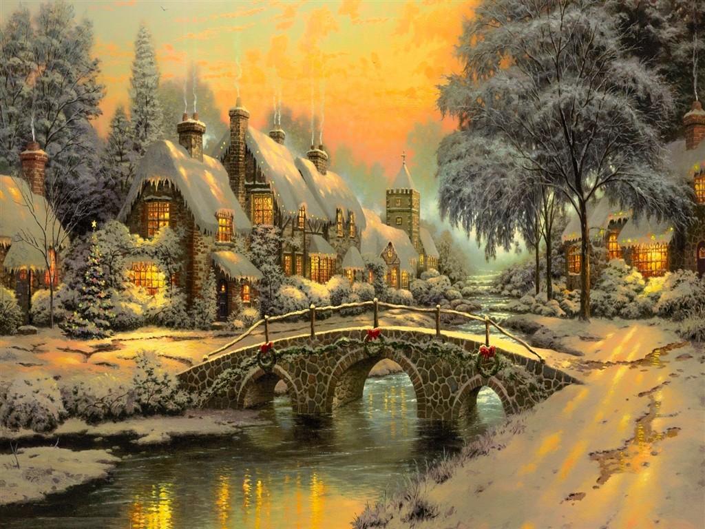 1024x768 Christmas Paintings On Rocks Walls Painting Wallpaper HD