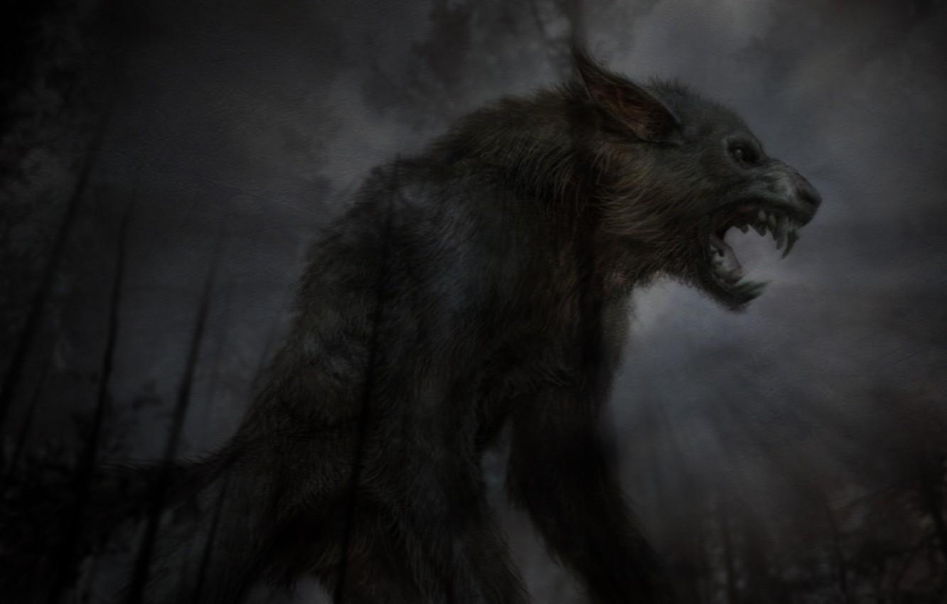 1332x850 Wallpaper night, wolf, monster, predator, mouth, fangs, grin, horror, monster, werewolf, werevolf image for desktop, section фантастика