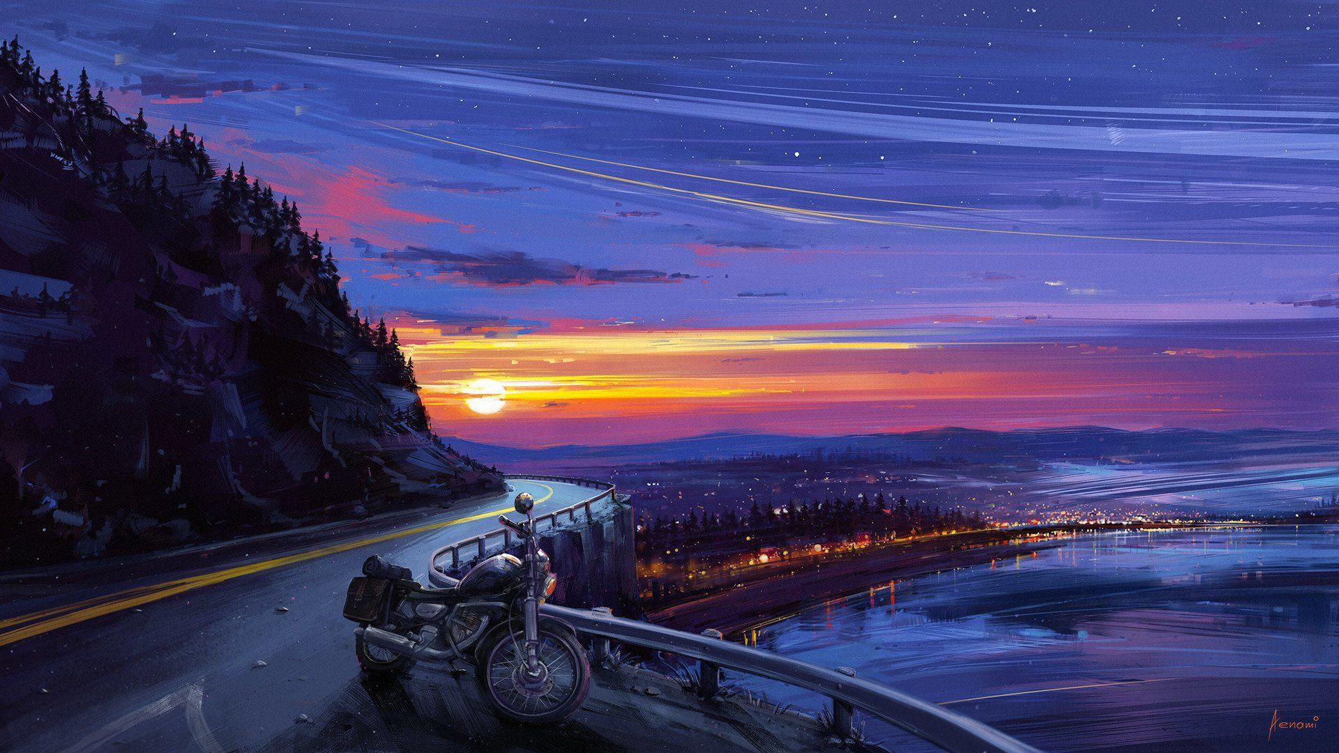 1920x1080 Anime Original Motorcycle Sunset Evening Stars City Wallpaper. Digital painting, Digital painting landscape, Fantasy landscape