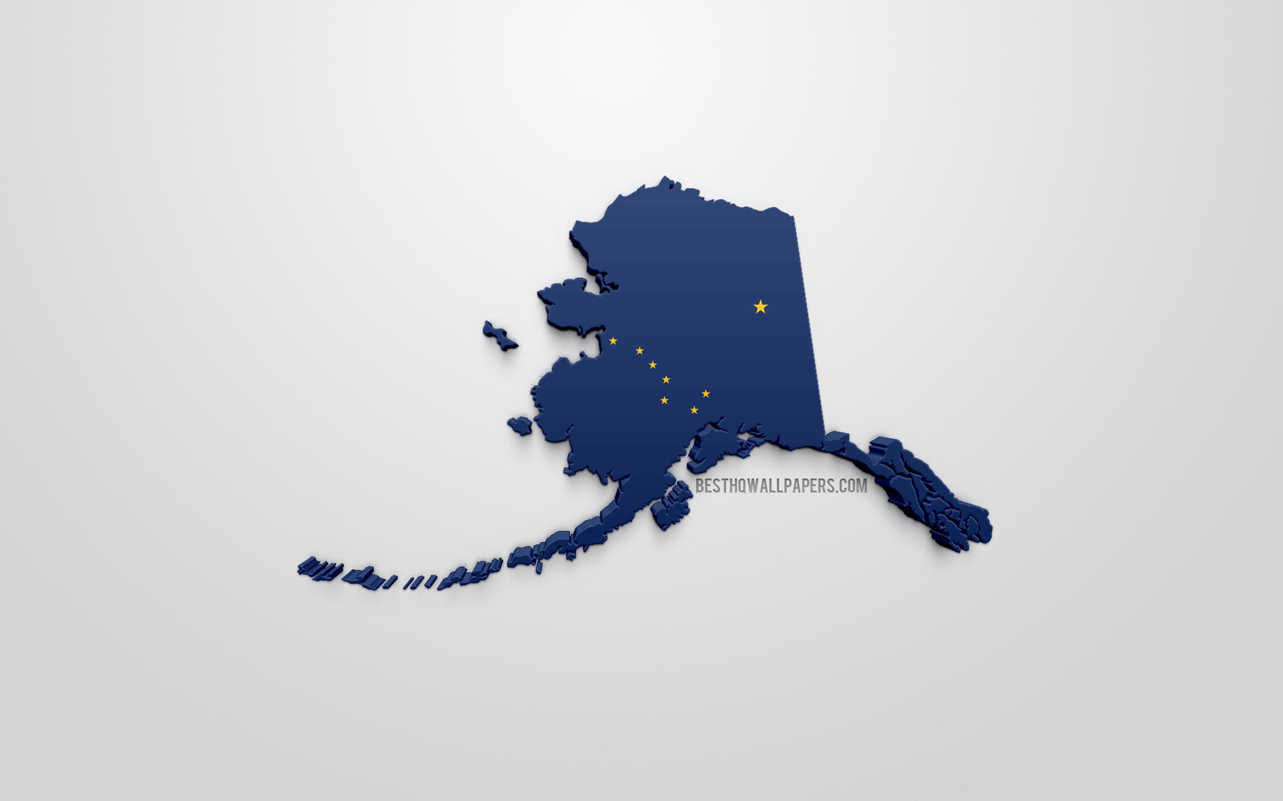 2560x1600 Download wallpaper 3D flag of Alaska, map silhouette of Alaska, US state, 3D art, Alaska 3D flag, USA, North America, Alaska, geography, Alaska 3D silhouette for desktop with resolution 2560x1600. High Quality