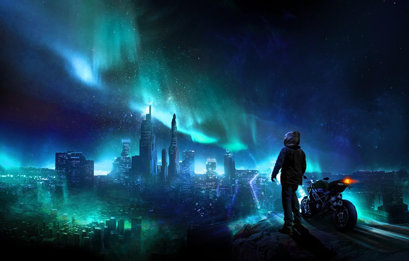 1332x850 Wallpaper the sky, landscape, night, the city, people, Northern lights, motorcycle image for desktop, section фантастика