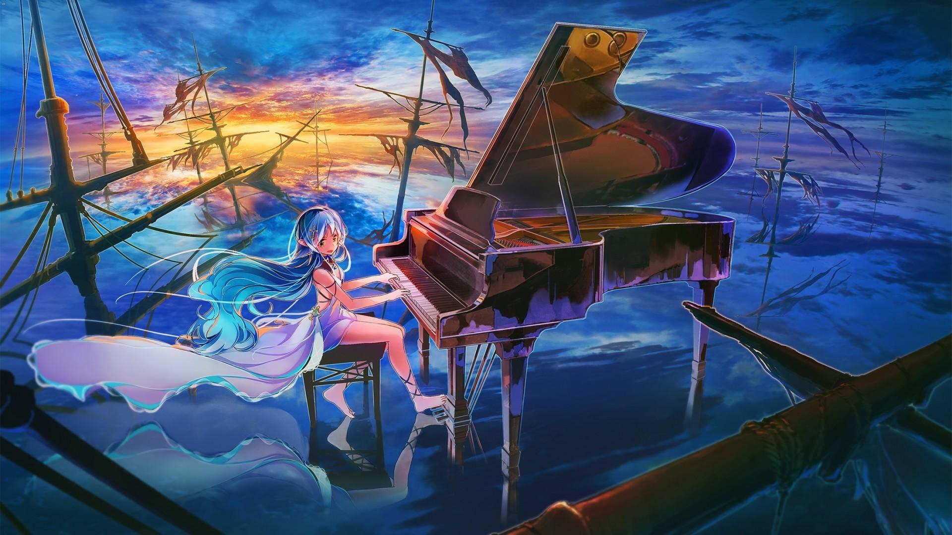 1920x1080 Download 1920x1080 Anime Girl, Playing Piano, Beyond The Clouds, Light Dress Wallpaper for Widescreen