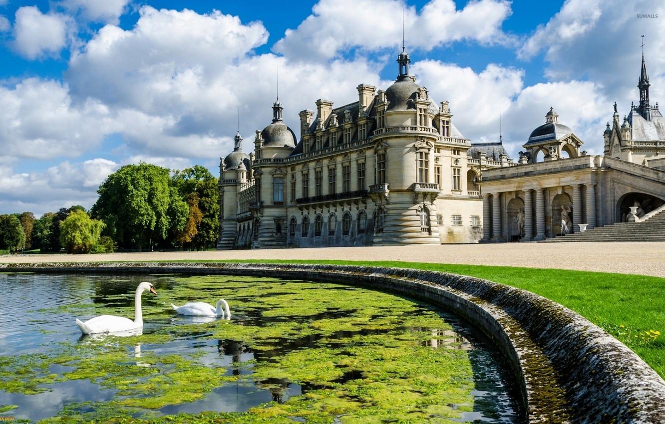 1332x850 Wallpaper summer, pond, castle, France, swans, Palace, French, Chantilly castle, северный пригород Парижа, The Château de Chantilly, Chantilly image for desktop, section город