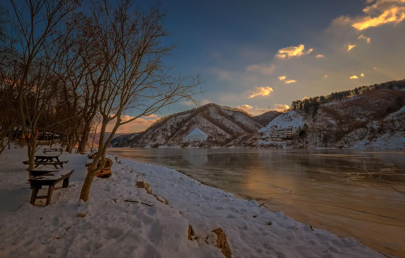 1332x850 Wallpaper winter, snow, mountains, lake, South Korea image for desktop, section пейзажи