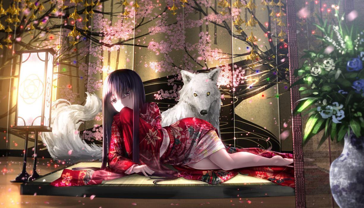 1225x700 Animal black hair flowers houraisan kaguya inubashiri momiji japanese clothes kimono long hair petals ryosios touhou wolf wallpaperx900