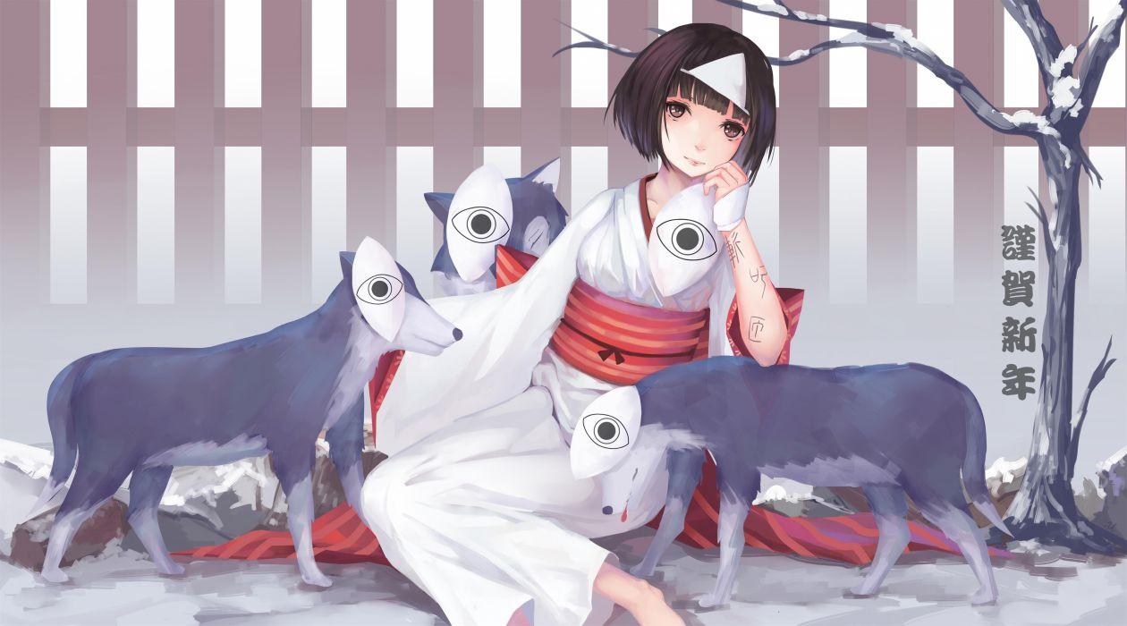 1260x700 Animal brown eyes brown hair headdress japanese clothes jpeg artifacts kimono l l noragami nora (noragami) short hair snow tree wolf wallpaperx2475
