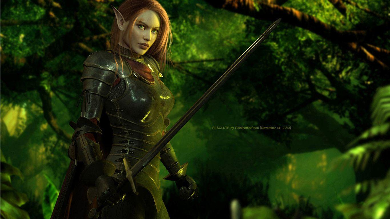 1366x768 Elf Wallpaper Armor Wood Warrior Sword Rendering Photo On The. Female elf, Warrior woman, Elf warrior