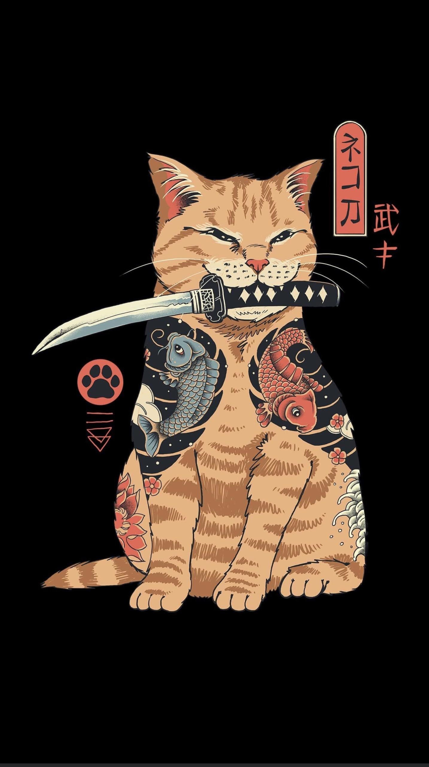 1433x2560 Japanese Sword Cat Phone Wallpaper HD For Tech