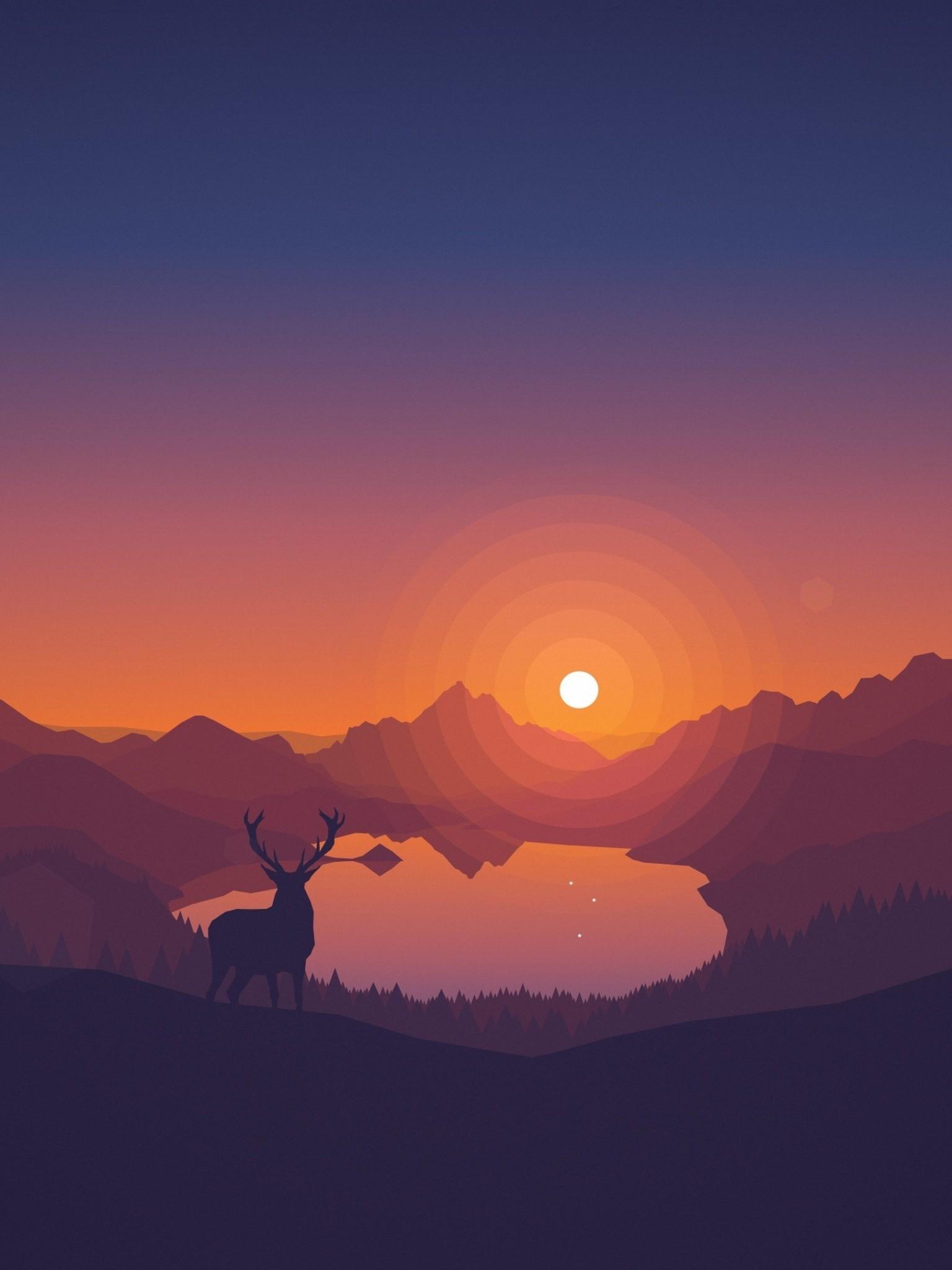 1536x2048 Download 1536x2048 Minimalism, Scenic, Toon Colors, Deer, Sun, Forest, Trees, Mountain Wallpaper for Apple iPad Mini, Apple IPad 4
