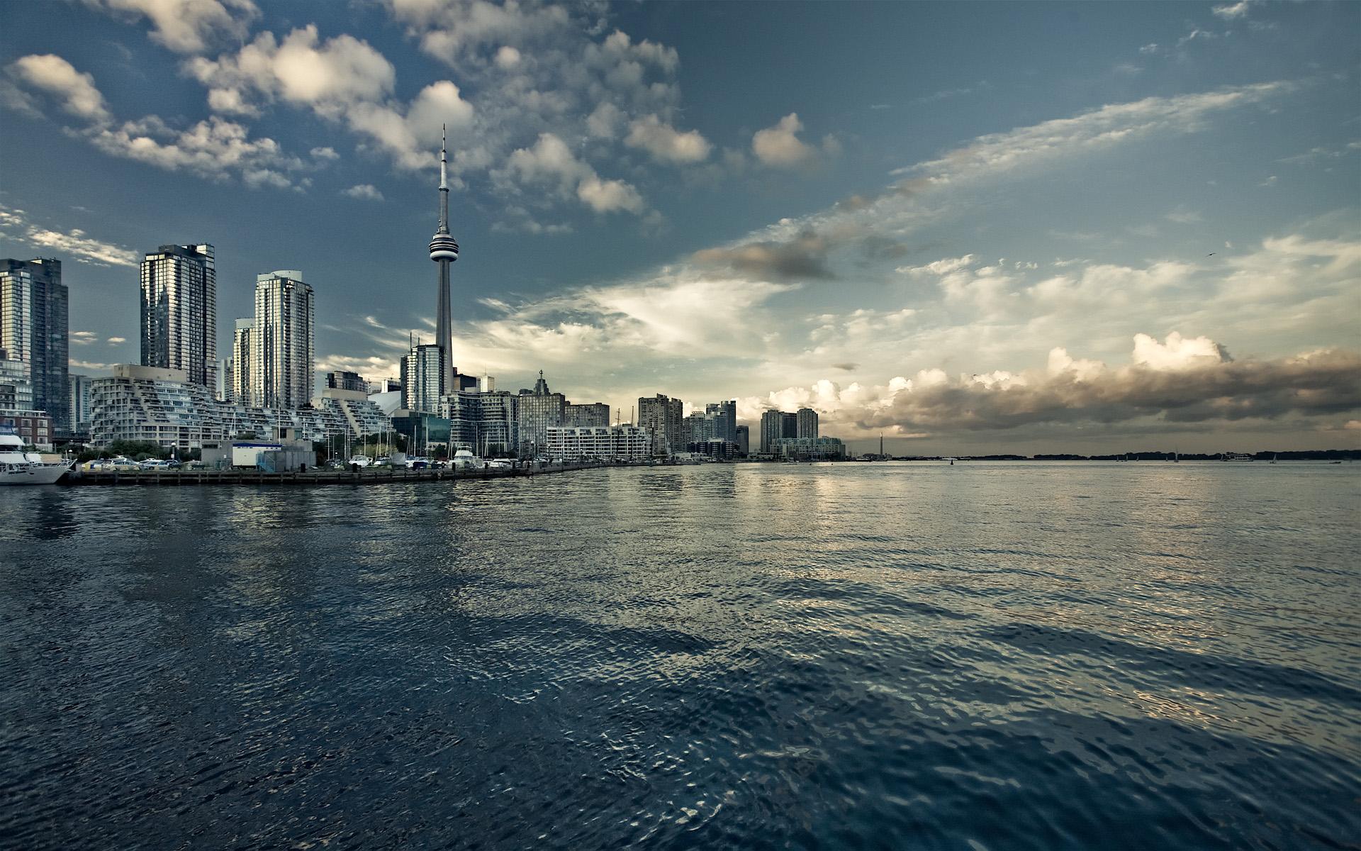 1920x1200 water, clouds, cityscapes, Canada, Toronto, Harbor, bay, CN Tower, harbours, Lake Ontario wallpaper