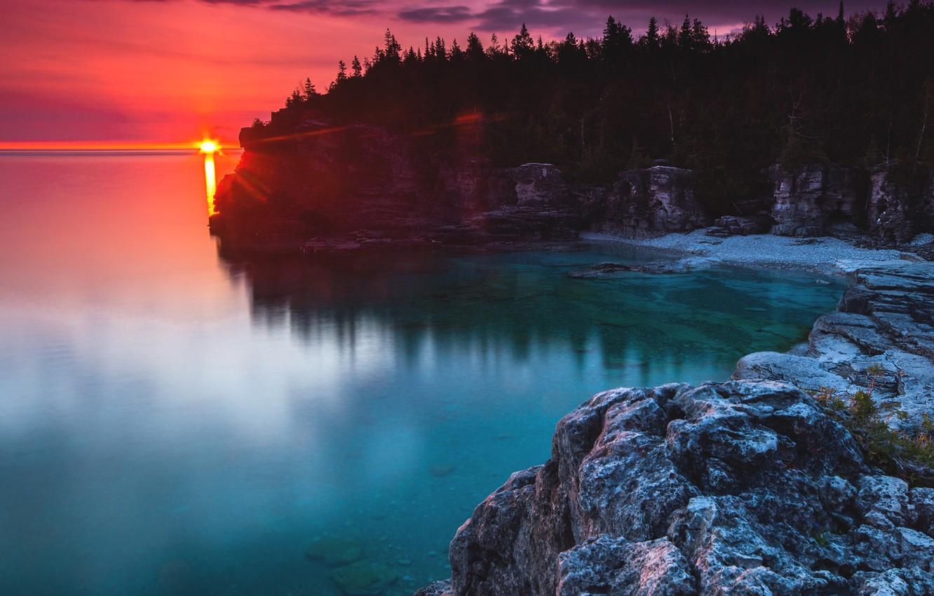 1332x850 Wallpaper forest, lake, rocks, coast, the evening, Canada, Ontario, Bruce Peninsula National Park image for desktop, section природа
