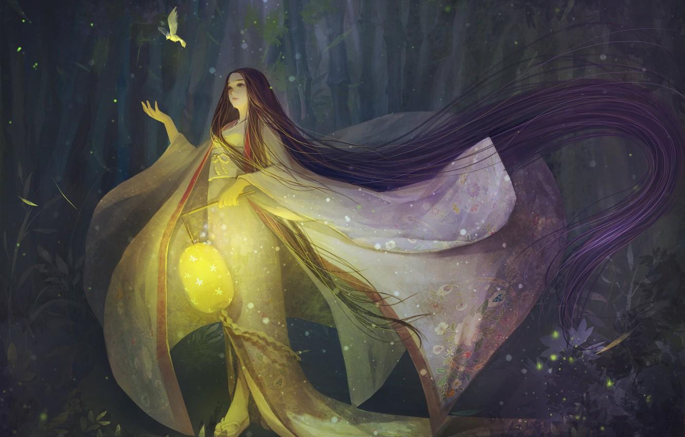 1332x850 Wallpaper forest, magic, art, flashlight, fantasy, bird, illustration, orry lee, Princess Kaguya, The tale of the bamboo Cutter image for desktop, section фантастика