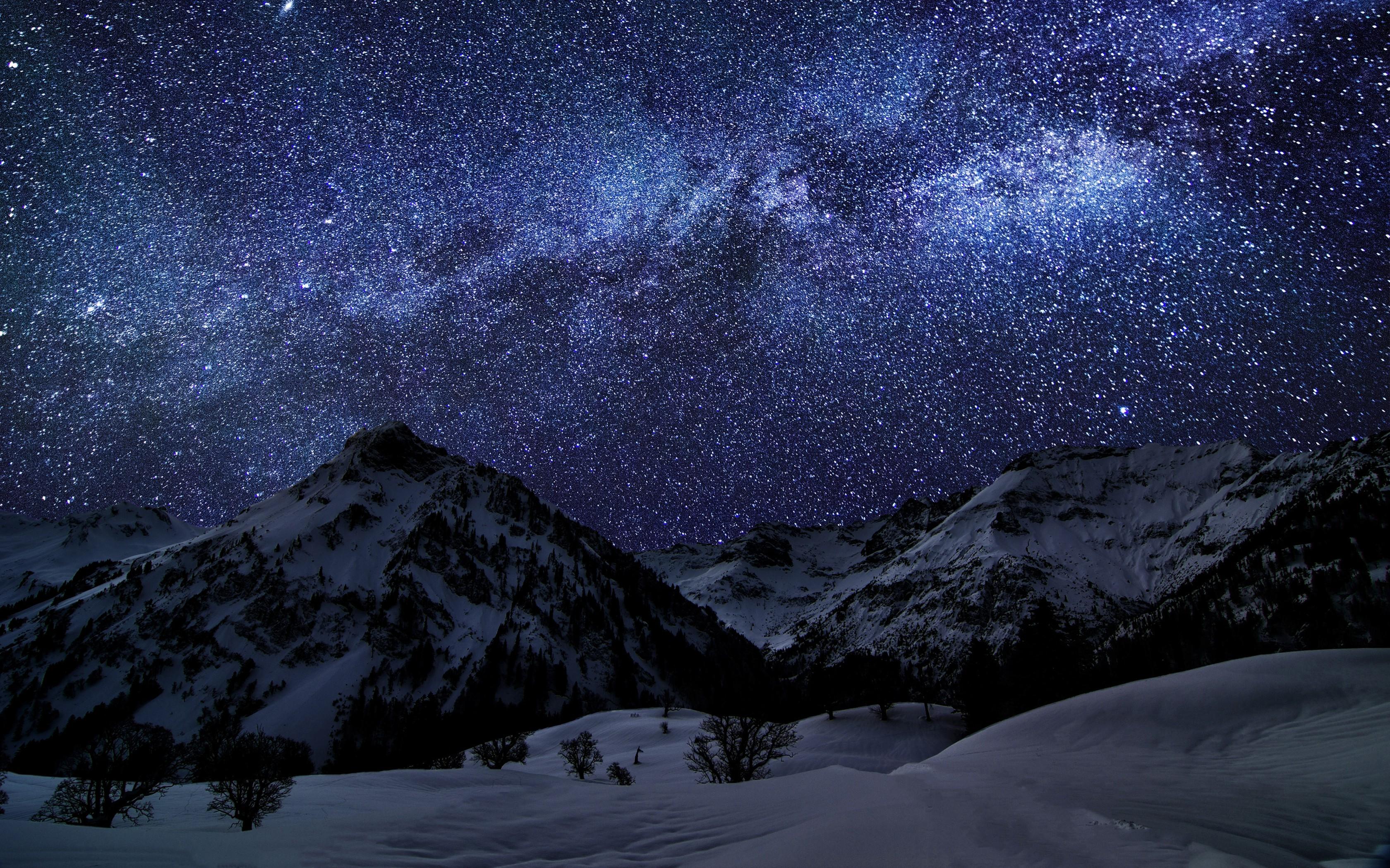 3360x2100 nature landscape mountain winter starry night milky way snow germany galaxy space long exposure wallpaper