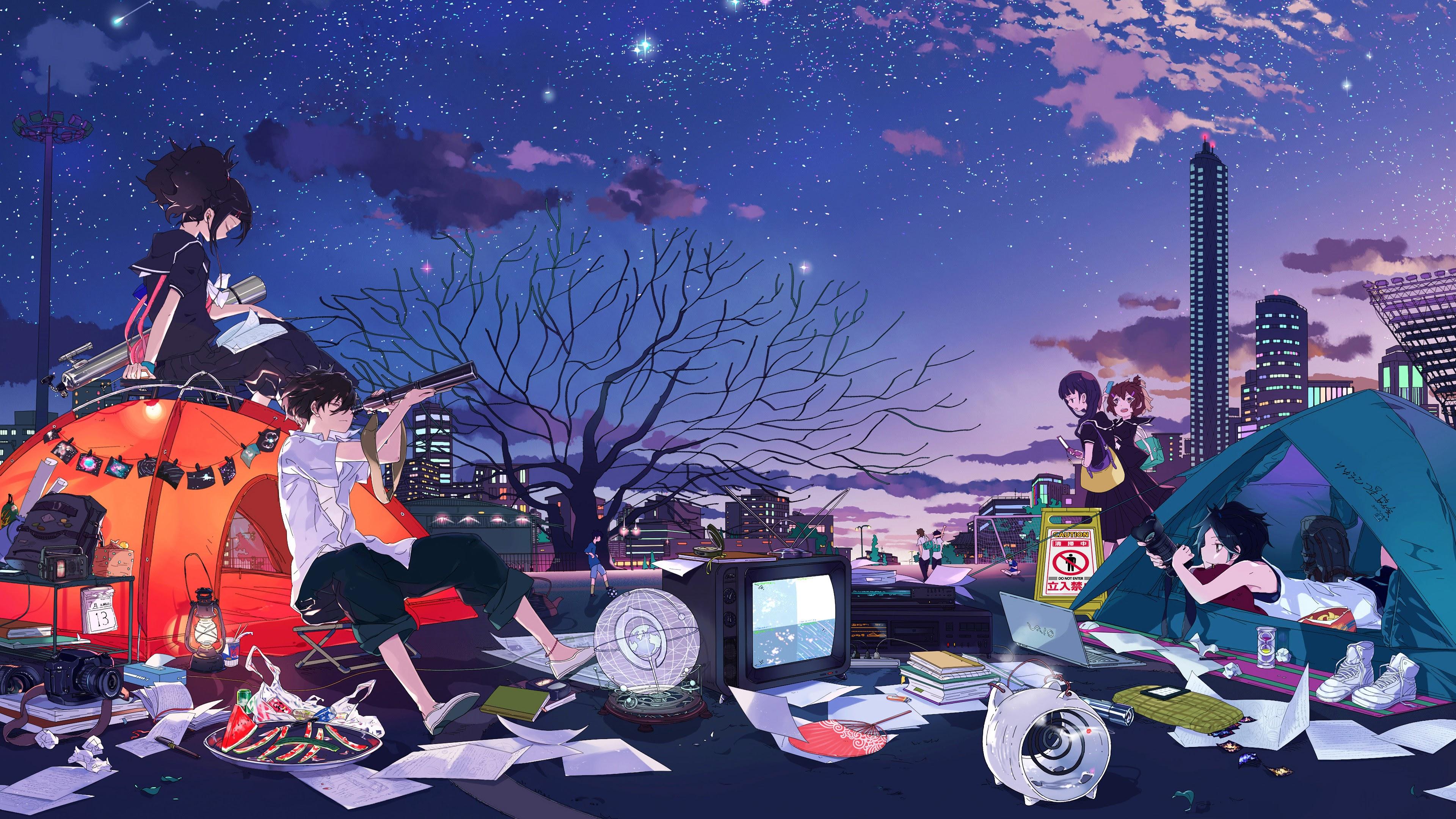 3840x2160 Anime Students Camping Night Sky Stars 4K Wallpaper