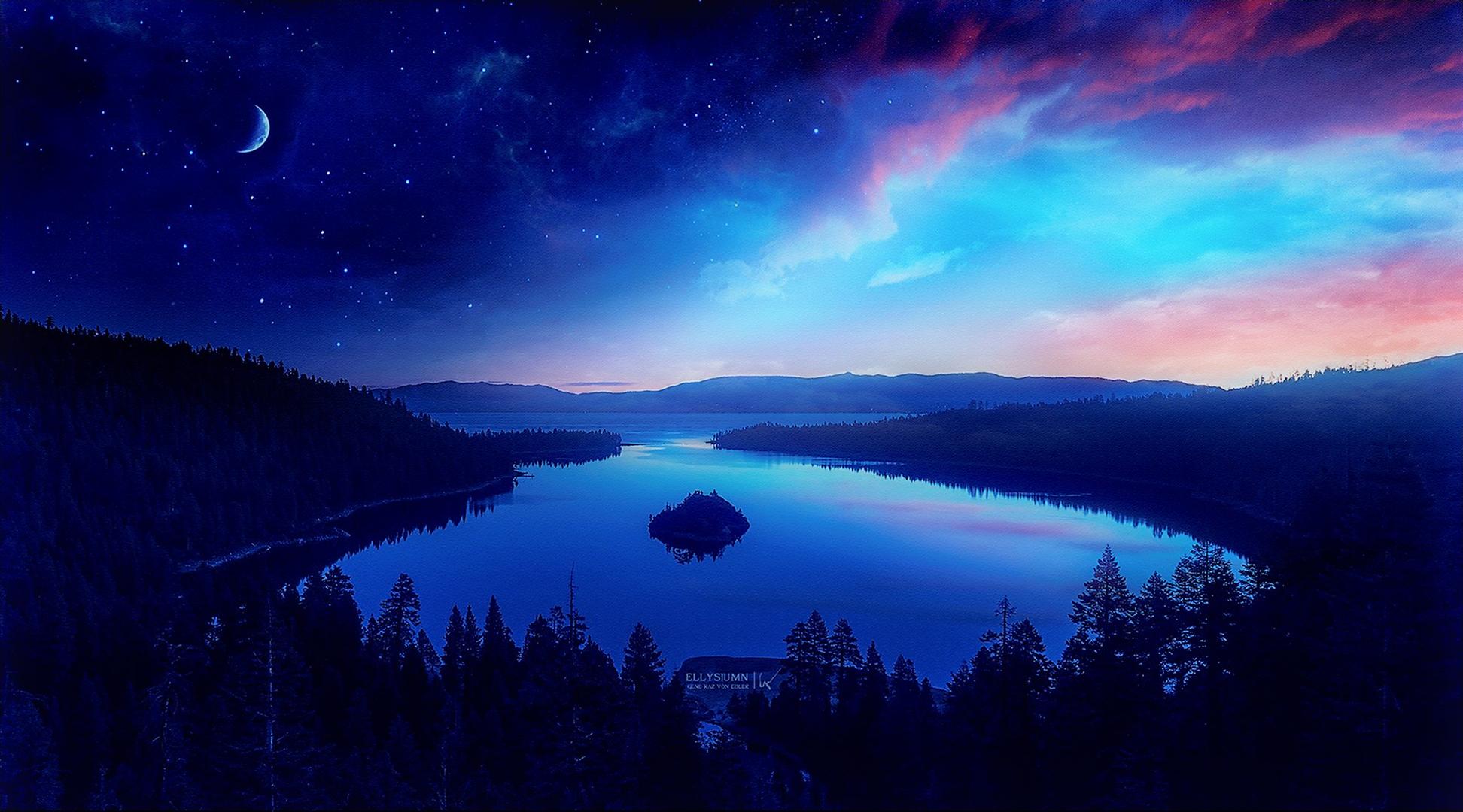 1944x1080 Blue, Lake, Starry Sky, Purple, Tree, Winter, Artistic, Night, Sky wallpaper. Mocah HD Wallpaper