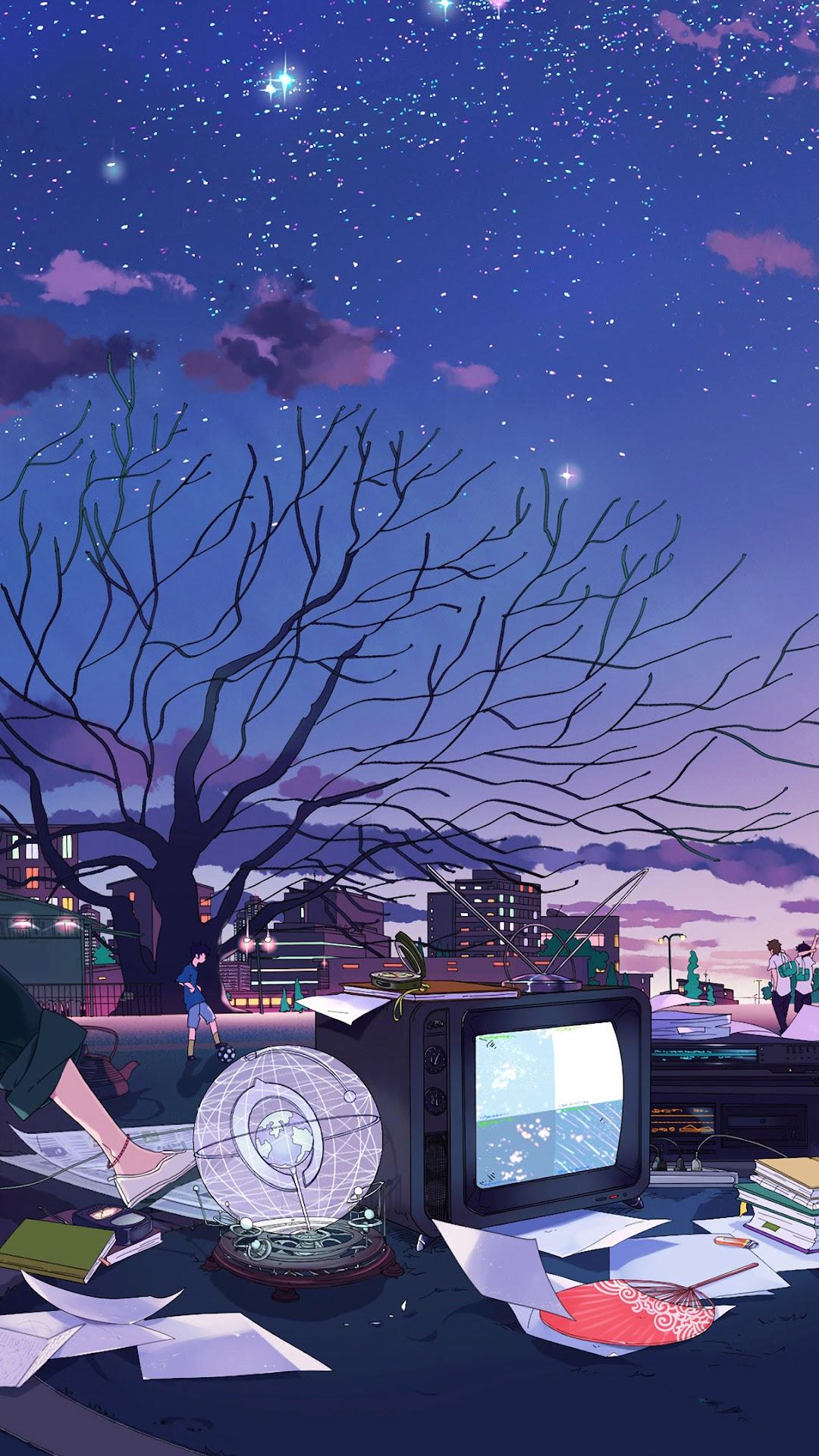 1080x1920 Anime Students Camping Night Sky Stars 4K Wallpaper