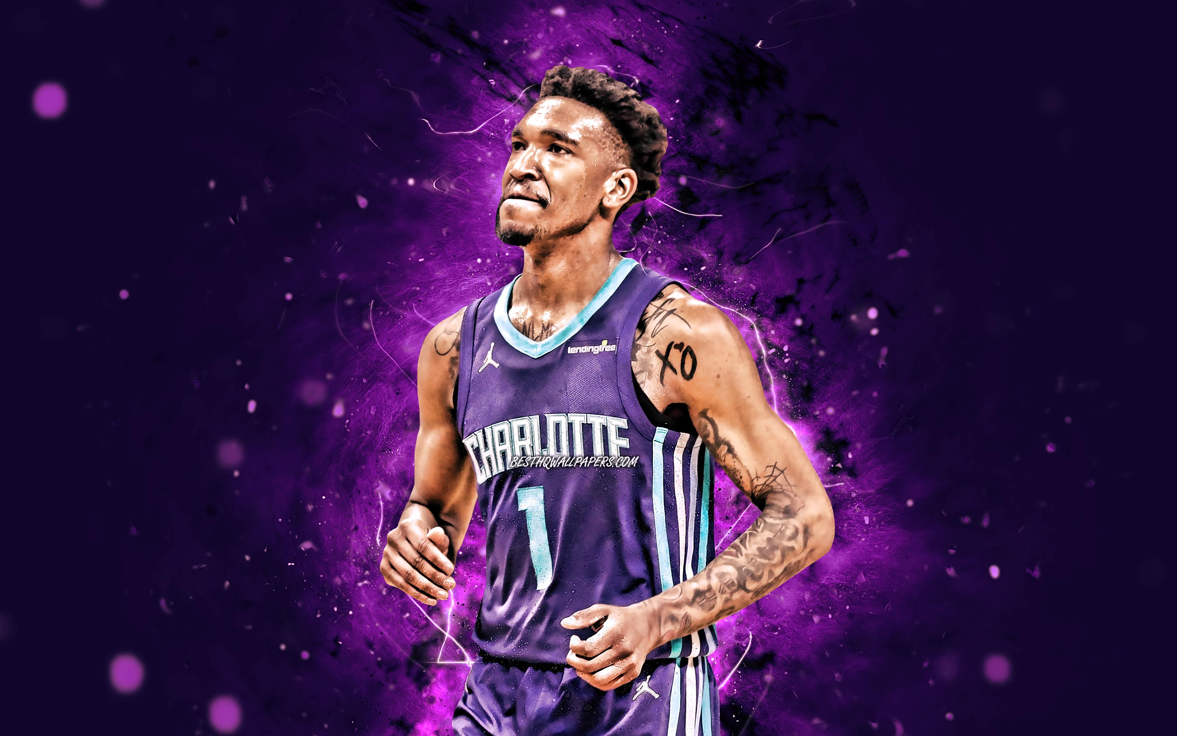 3840x2400 Download wallpaper Malik Monk, 4k, Charlotte Hornets, NBA, basketball, violet neon lights, Malik Ahmad Monk, USA, Malik Monk Charlotte Hornets, creative, Malik Monk 4K for desktop with resolution 3840x2400. High Quality