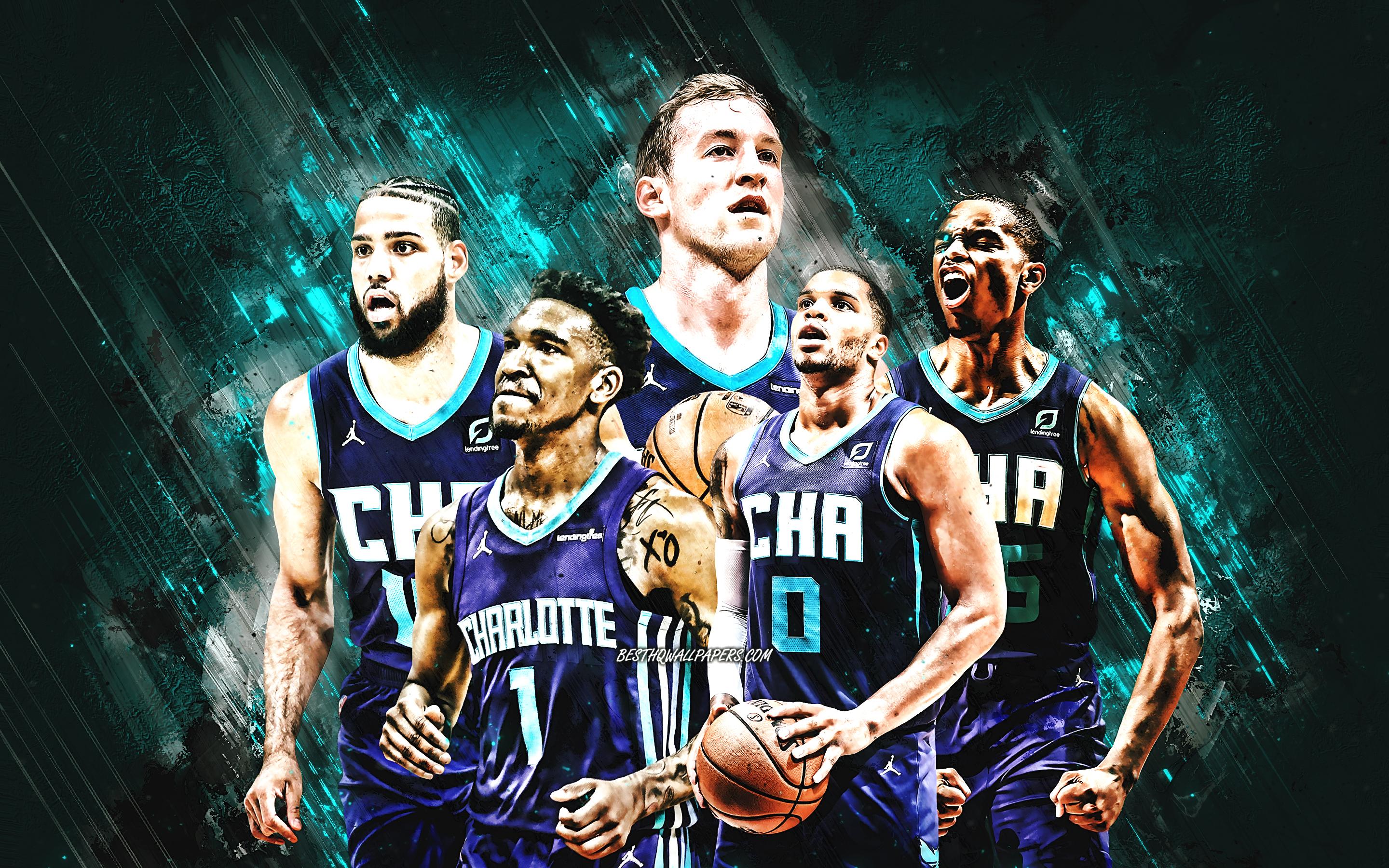 2880x1800 Download wallpaper Charlotte Hornets, American basketball team, NBA, purple stone background, basketball, USA, LaMelo Ball, Gordon Hayward, Malik Monk for desktop with resolution 2880x1800. High Quality HD picture wallpaper
