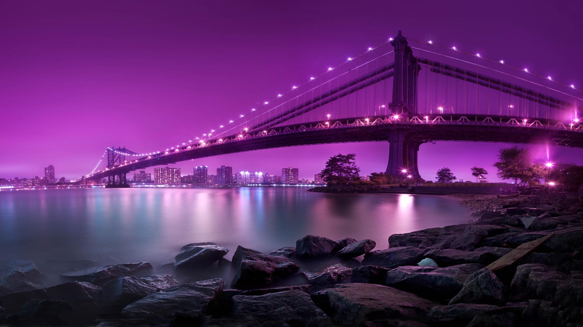 1920x1080 Manhattan Bridge Wallpaper 4K, New York City, United States, Purple Sky, World