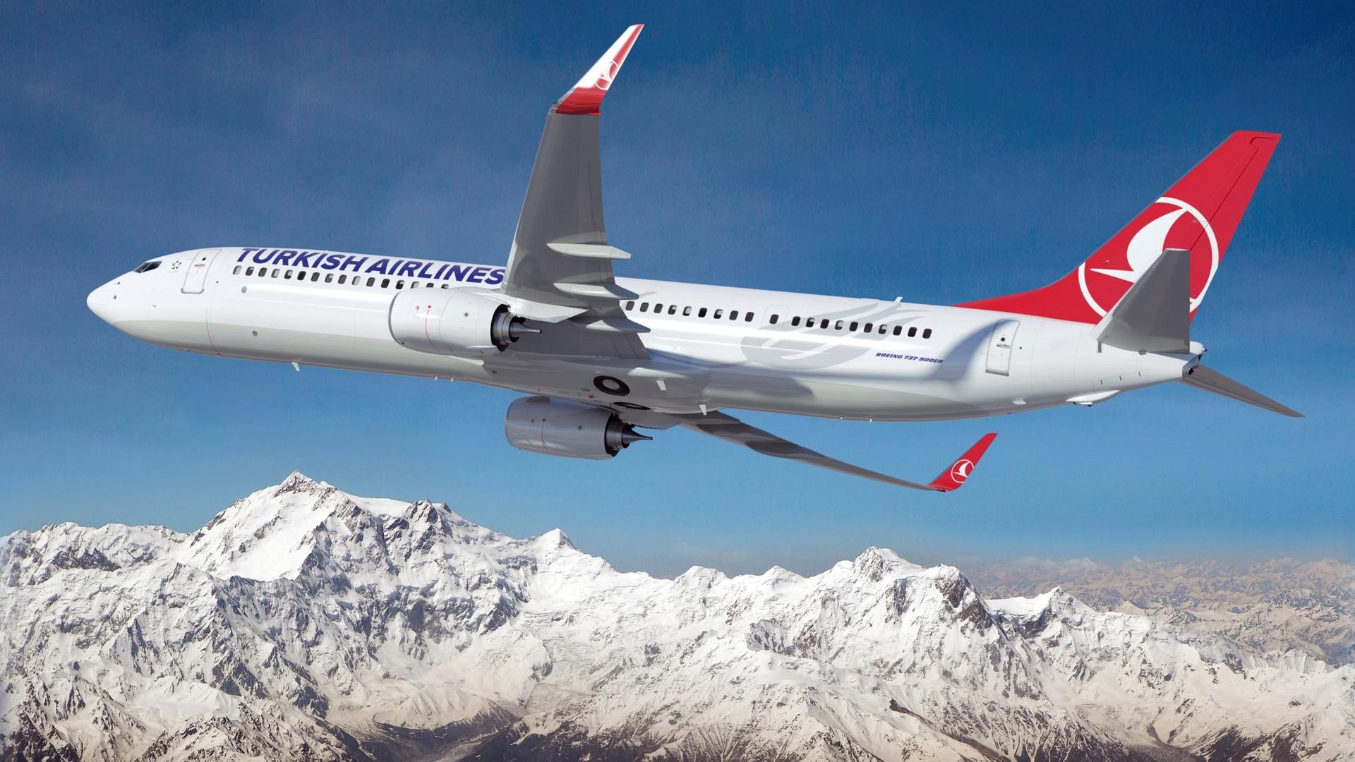 1920x1080 Boeing 737 Turkish Airlines Airline Flies Over The Snow Capped Mountains Wallpaper And Image, Picture, Photo