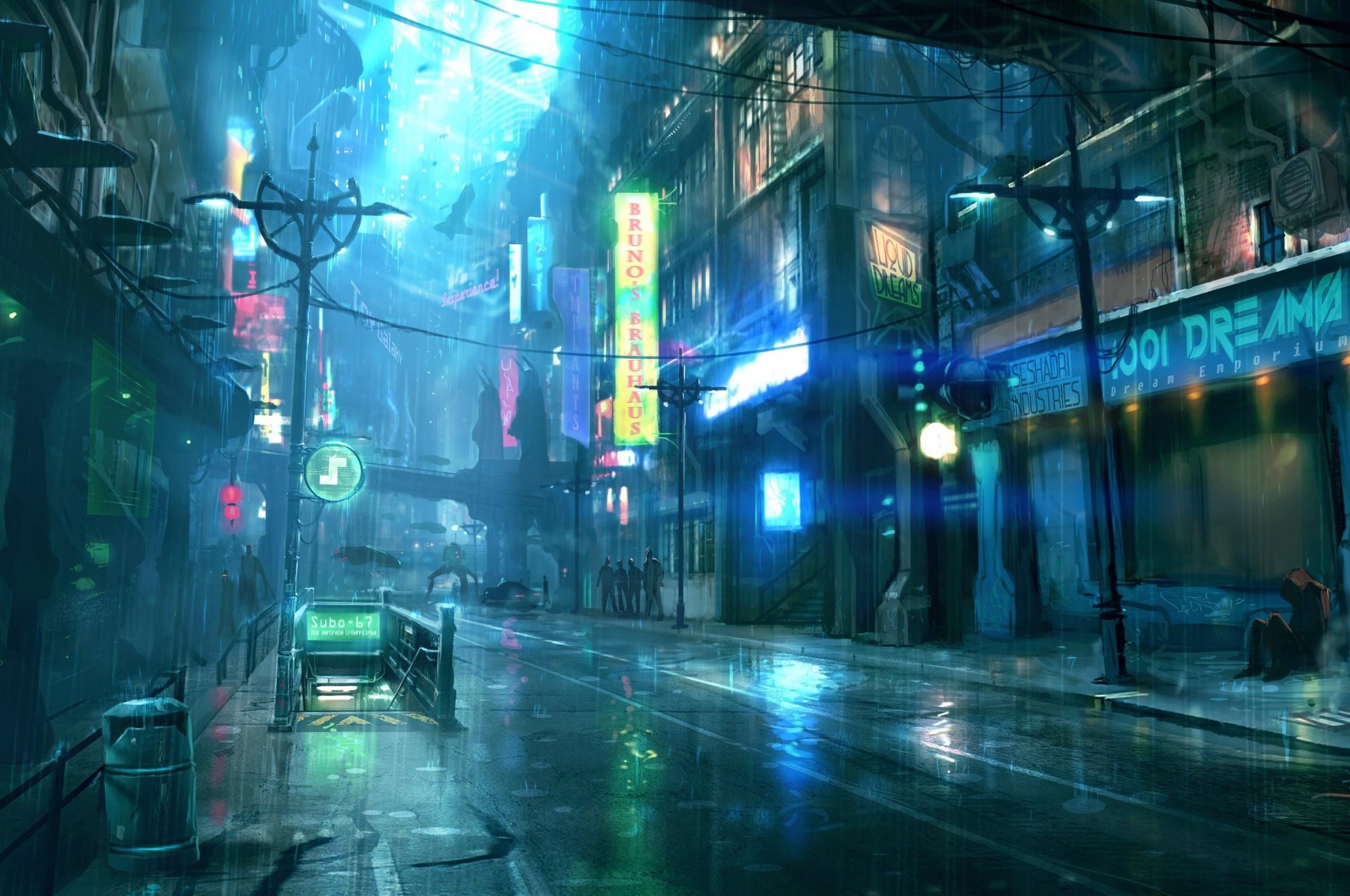 2560x1700 Download 2560x1700 Cyberpunk, Futuristic, City, Raining, Street, Lights, People, Sci Fi Wallpaper For Chromebook Pixel