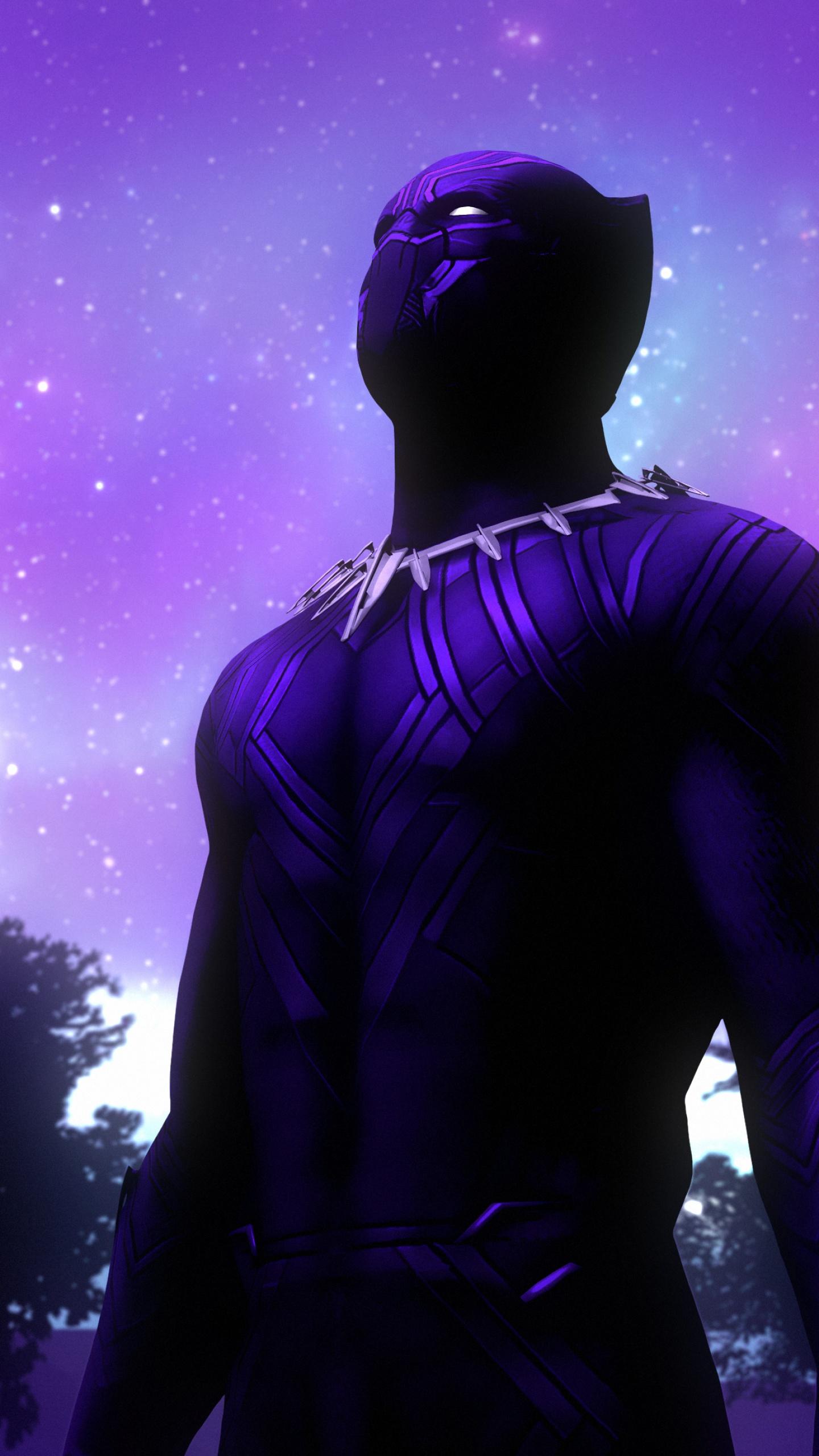 1440x2560 Black Panther Wallpaper 4K, Marvel Comics, Purple Sky, Outer space, Stars, Fantasy
