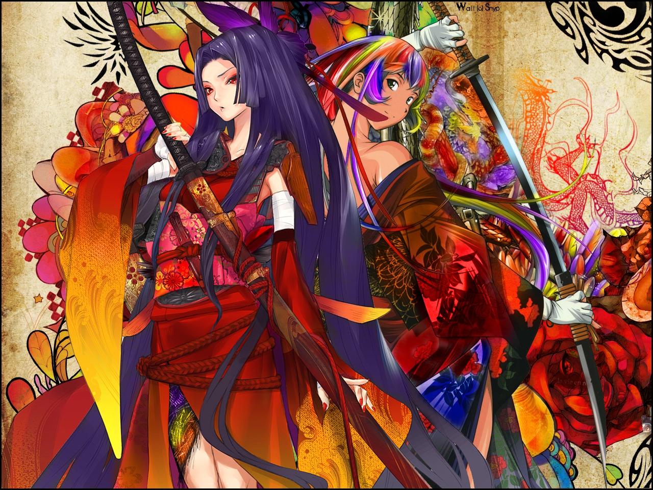1280x960 Download Wallpaper, Download 1280x960 women dragons gloves colorful flowers katana long hair weapons kimono purple hair ikki tousen red ey Wallpaper –Free Wallpaper Download