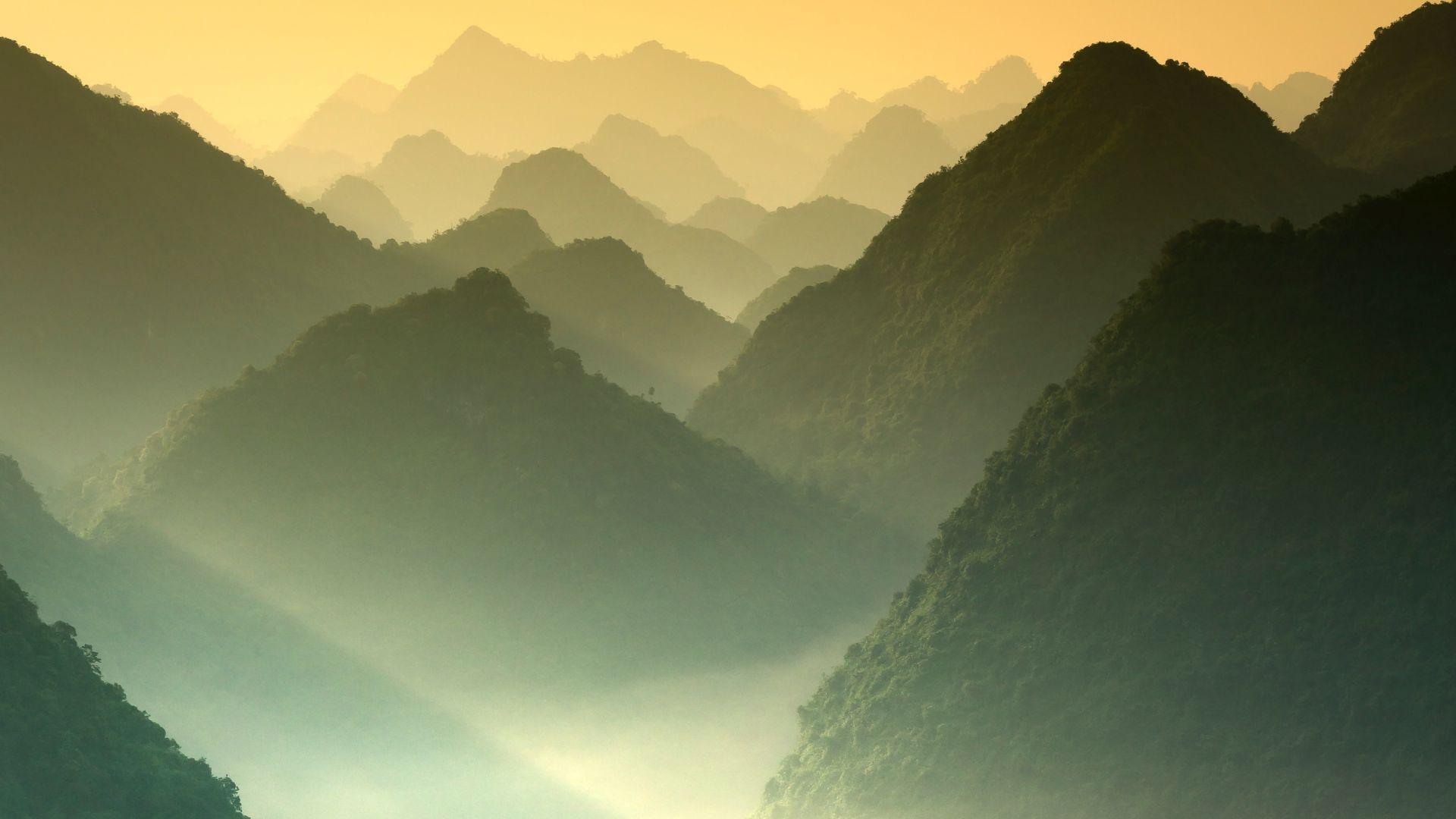 1920x1080 Desktop wallpaper mountains, sunrise, nature, horizon, mist, HD image, picture, background, 9317b5