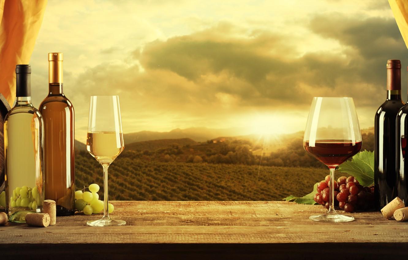 1332x850 Wallpaper wine, red, white, glasses, grapes, tube, barrels, corkscrew image for desktop, section еда