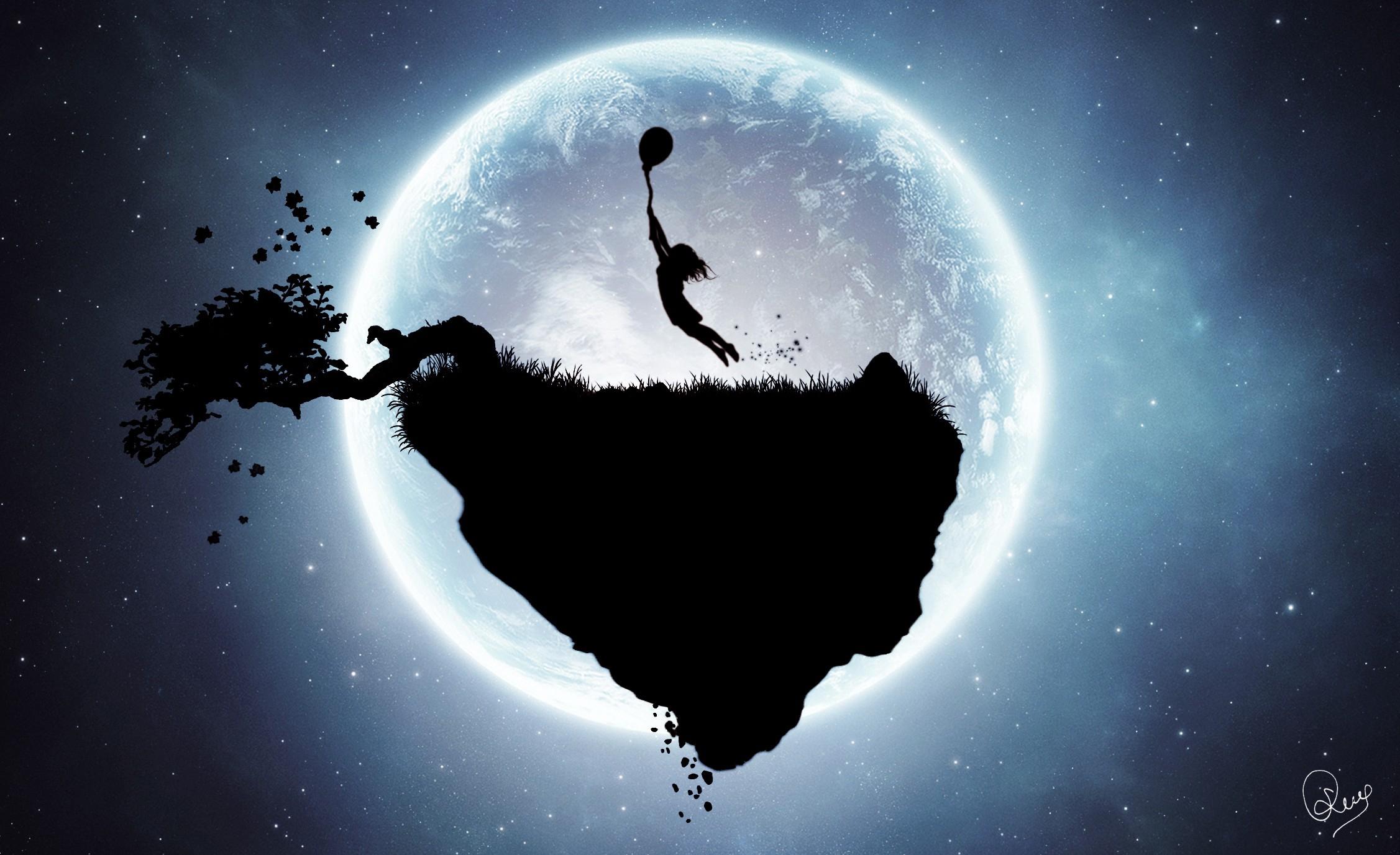 2253x1377 outer space trees moon silhouette surreal fantasy art floating island 2253x1377 wallpaper