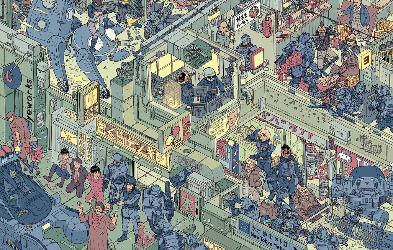1332x850 Wallpaper Figure, Style, Battle, Fantasy, Art, Art, Daft Punk, Ghost in the shell, Ghost in the Shell, RAID, Robocop, Motoko, Attack, Robocop, Judge Dredd, Judge Dredd image for desktop, section арт