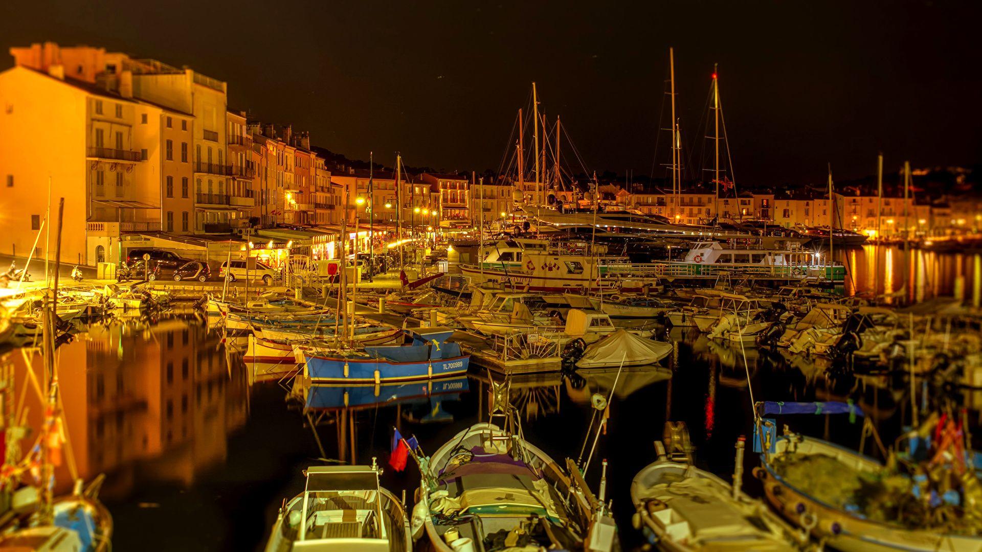 1920x1080 Wallpaper France Saint Tropez Pier Sailing Night Time 1920x1080
