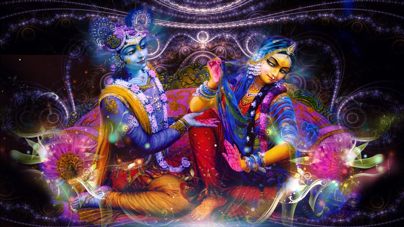 1366x768 Colorful Radha Krishna Painting HD Krishna Wallpaper